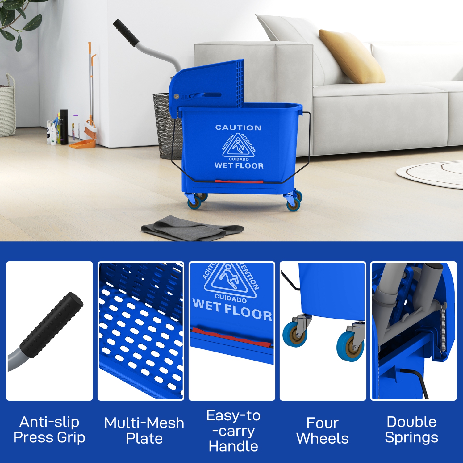 HOMCOM 21-Quart/5 Gallon Compact Mop Bucket with Wringer on Wheels for Floor Cleaning, Separate Dirty and Clean Water, for Home, Apartment, Blue