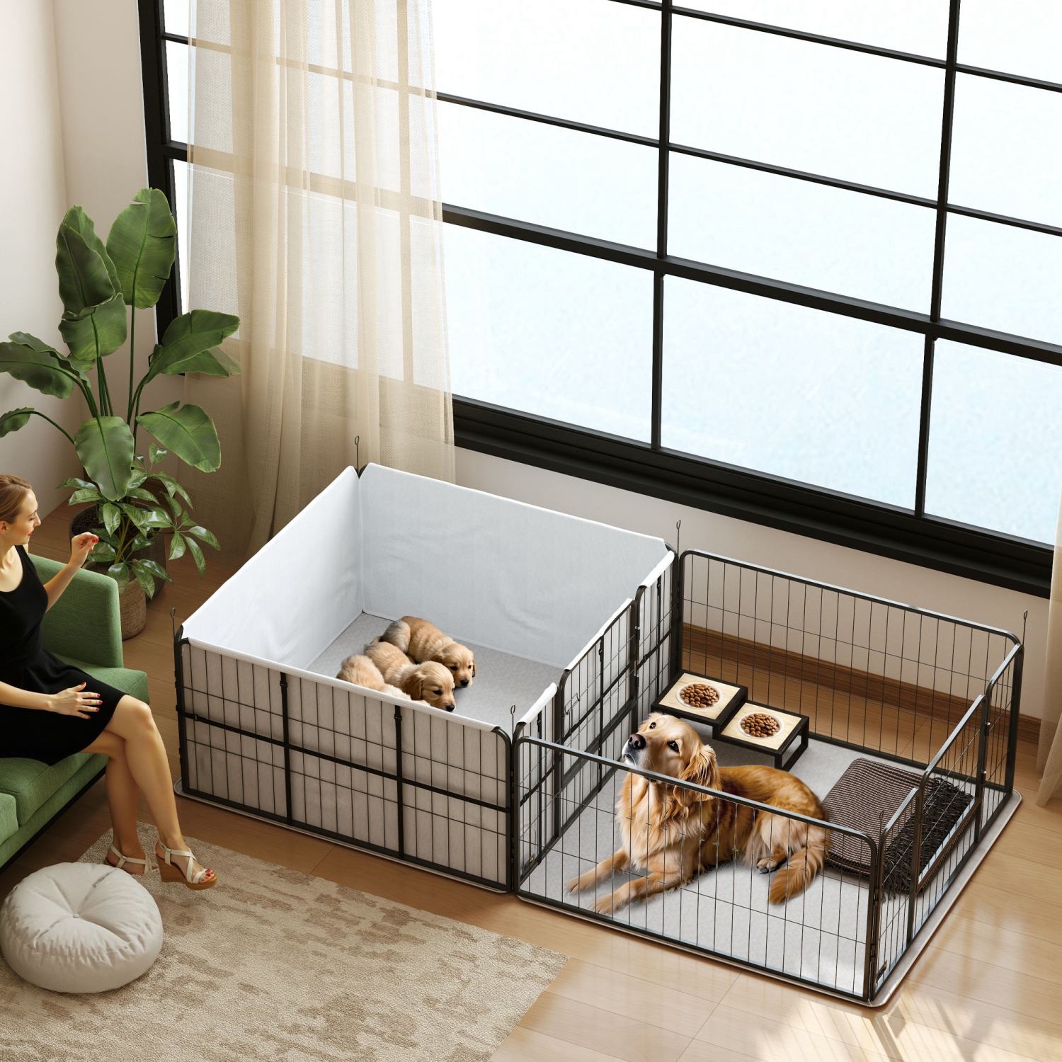 PawHut Whelping Box for Dogs and Puppies, 23.5"H, 7 Panels Puppy Playpen with Windproof Oxford Fabric Cloth, Washable Pee Pad, Pet Playpen with Door,