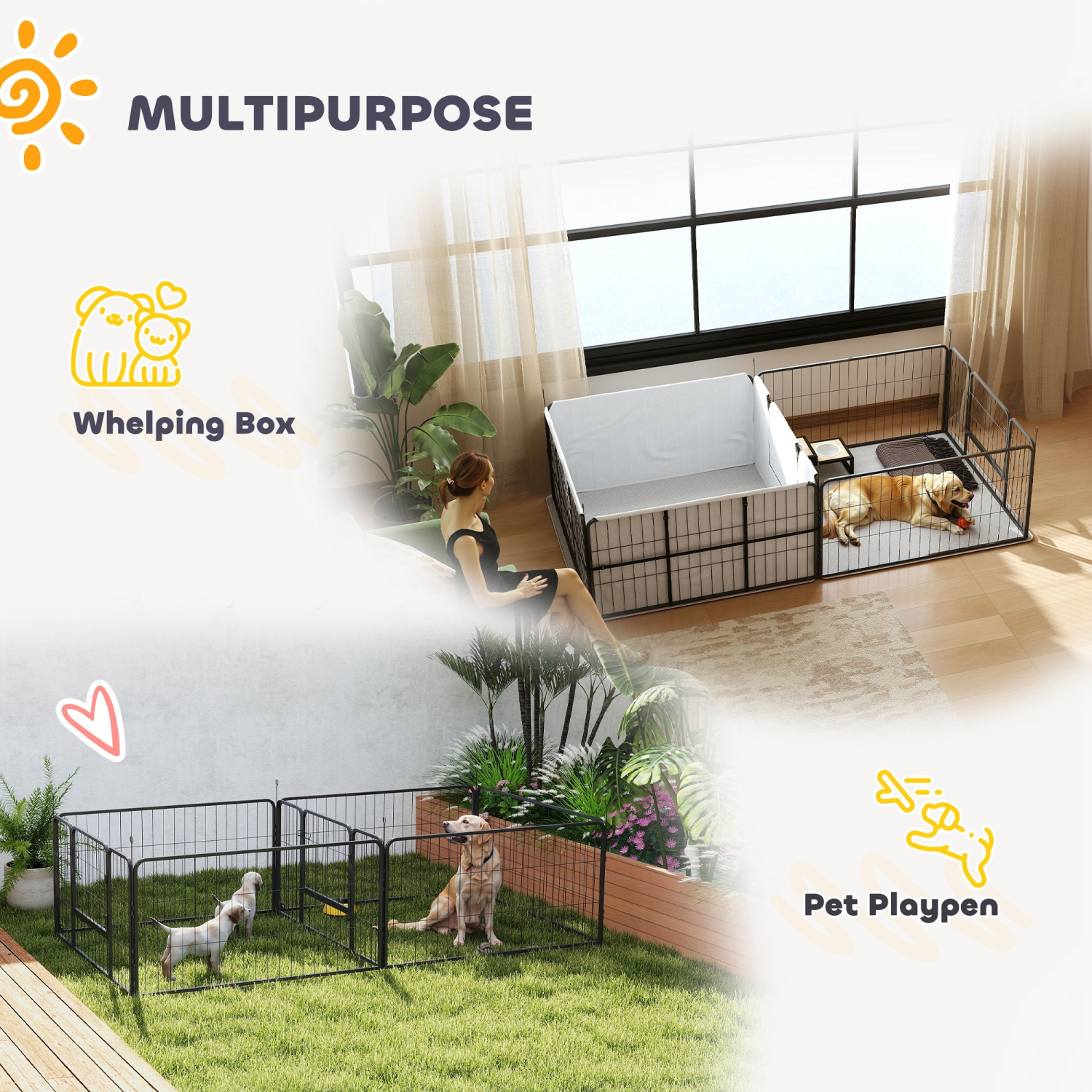 PawHut Whelping Box for Dogs and Puppies, 23.5"H, 7 Panels Puppy Playpen with Windproof Oxford Fabric Cloth, Washable Pee Pad, Pet Playpen with Door,