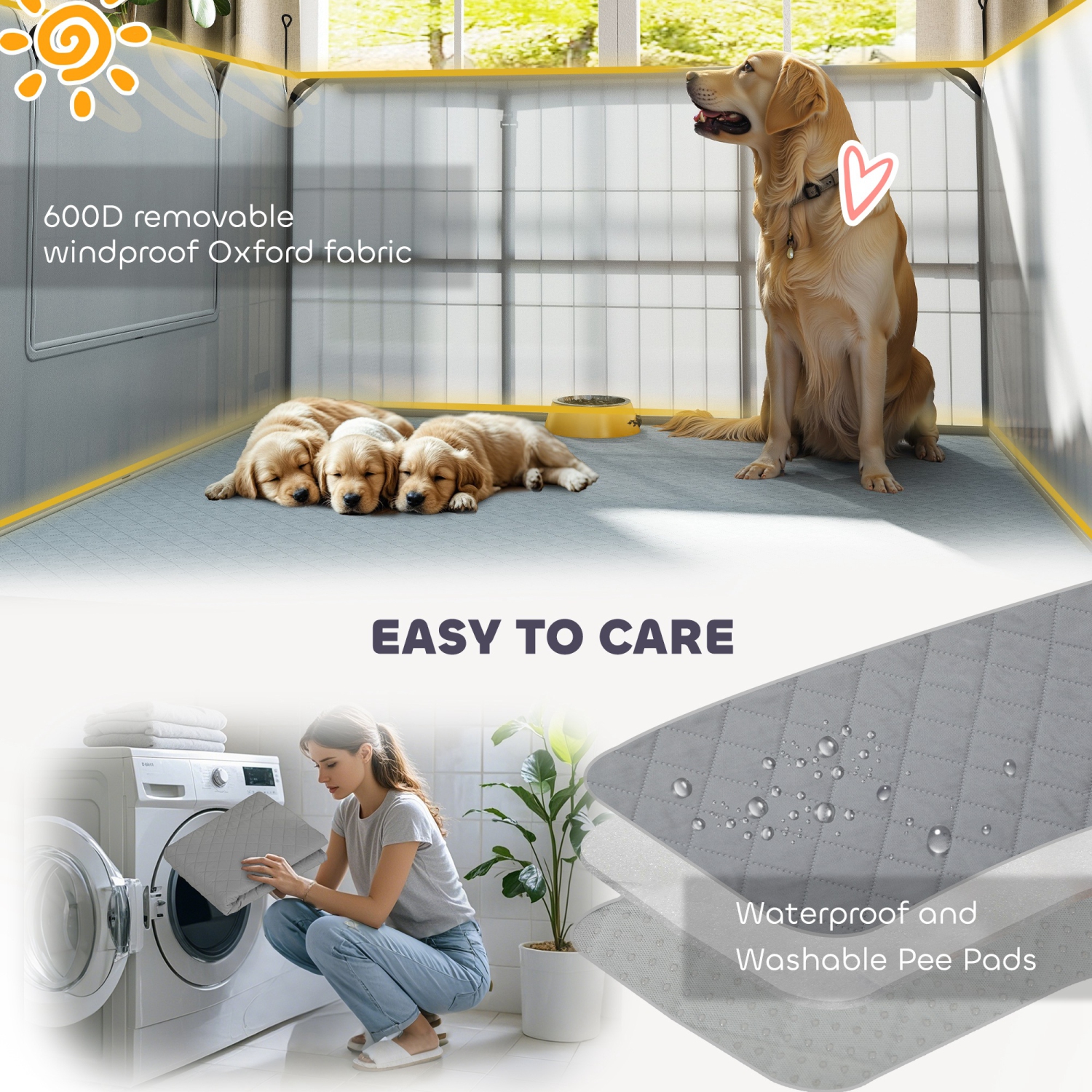 PawHut Whelping Box for Dogs and Puppies, 23.5"H, 7 Panels Puppy Playpen with Windproof Oxford Fabric Cloth, Washable Pee Pad, Pet Playpen with Door,