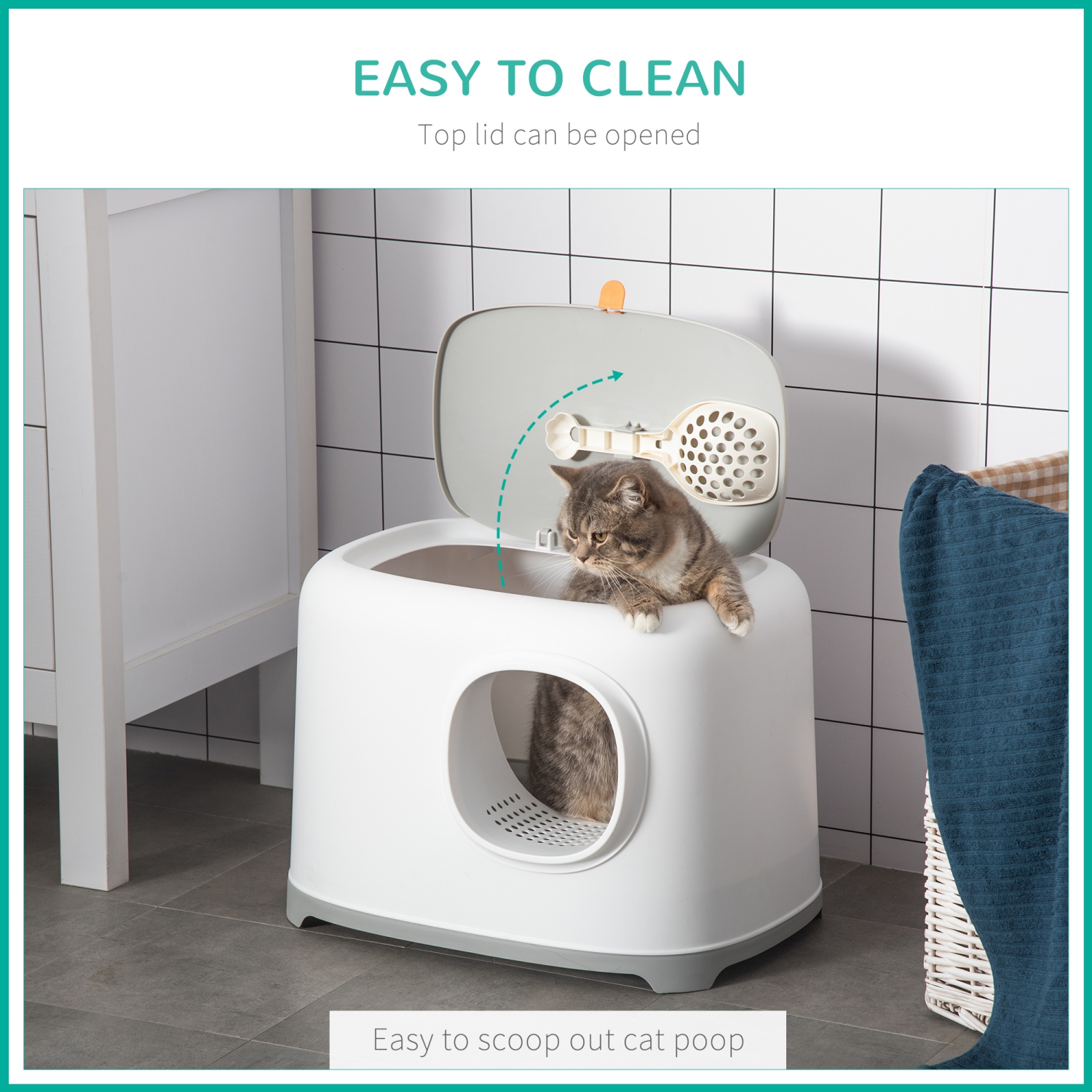 PawHut Cat Litter Box, Open Top Kitty Litter Pan with Anti-Sand Tunnel, Scoop, Odor Control & Easy to Clean, White