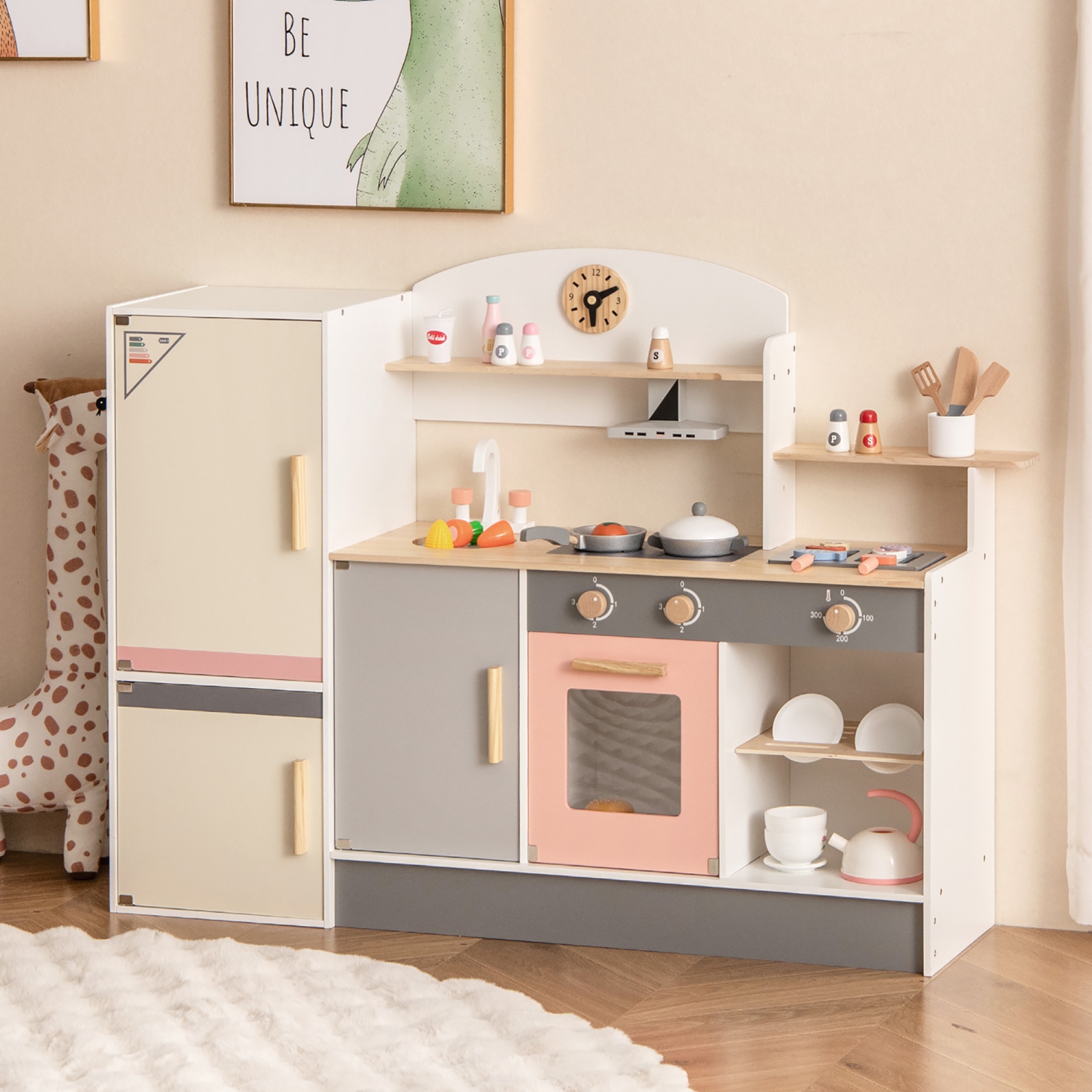 Gymax Kids Chef Play Kitchen Set Toddlers Wooden Pretend Toy Playset w/ Range Hood