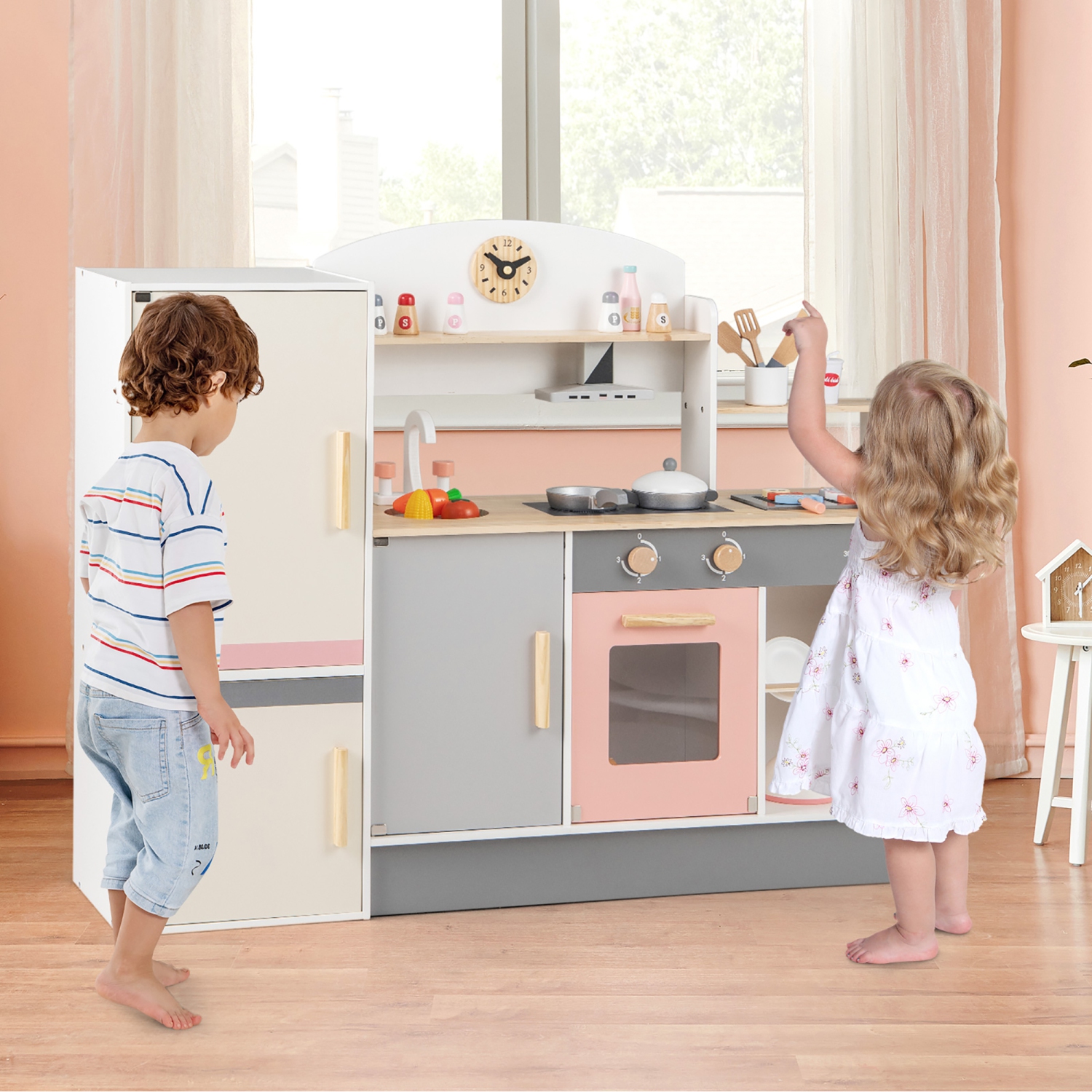 Gymax Kids Chef Play Kitchen Set Toddlers Wooden Pretend Toy Playset w/ Range Hood