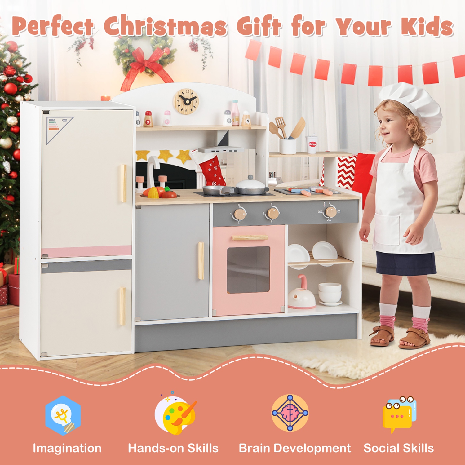 Gymax Kids Chef Play Kitchen Set Toddlers Wooden Pretend Toy Playset w/ Range Hood