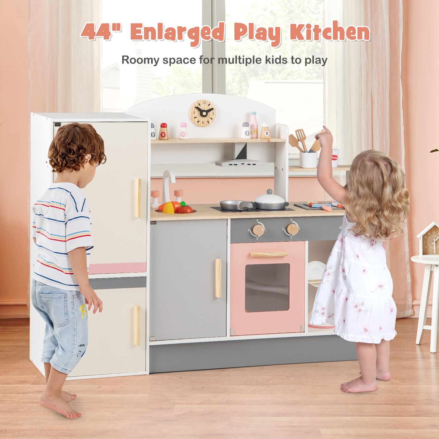 Gymax Kids Chef Play Kitchen Set Toddlers Wooden Pretend Toy Playset w/ Range Hood