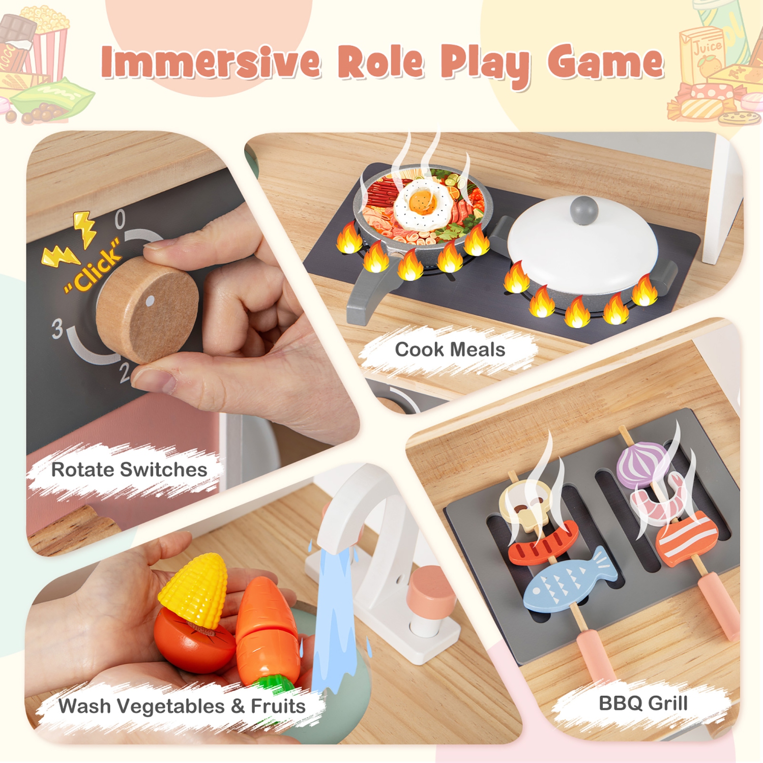 Gymax Kids Chef Play Kitchen Set Toddlers Wooden Pretend Toy Playset w/ Range Hood