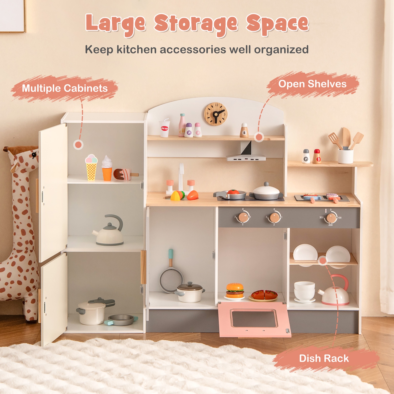 Gymax Kids Chef Play Kitchen Set Toddlers Wooden Pretend Toy Playset w/ Range Hood