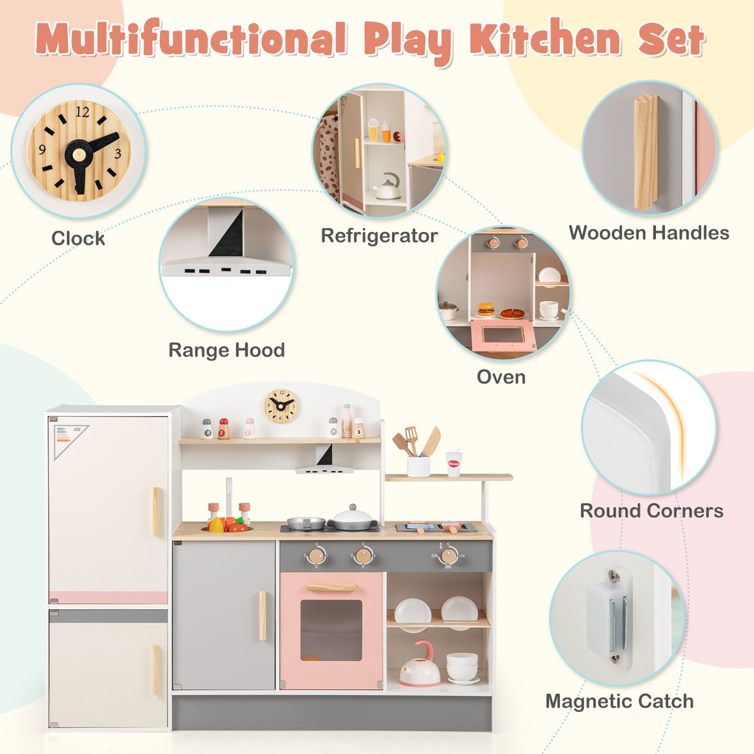 Gymax Kids Chef Play Kitchen Set Toddlers Wooden Pretend Toy Playset w/ Range Hood