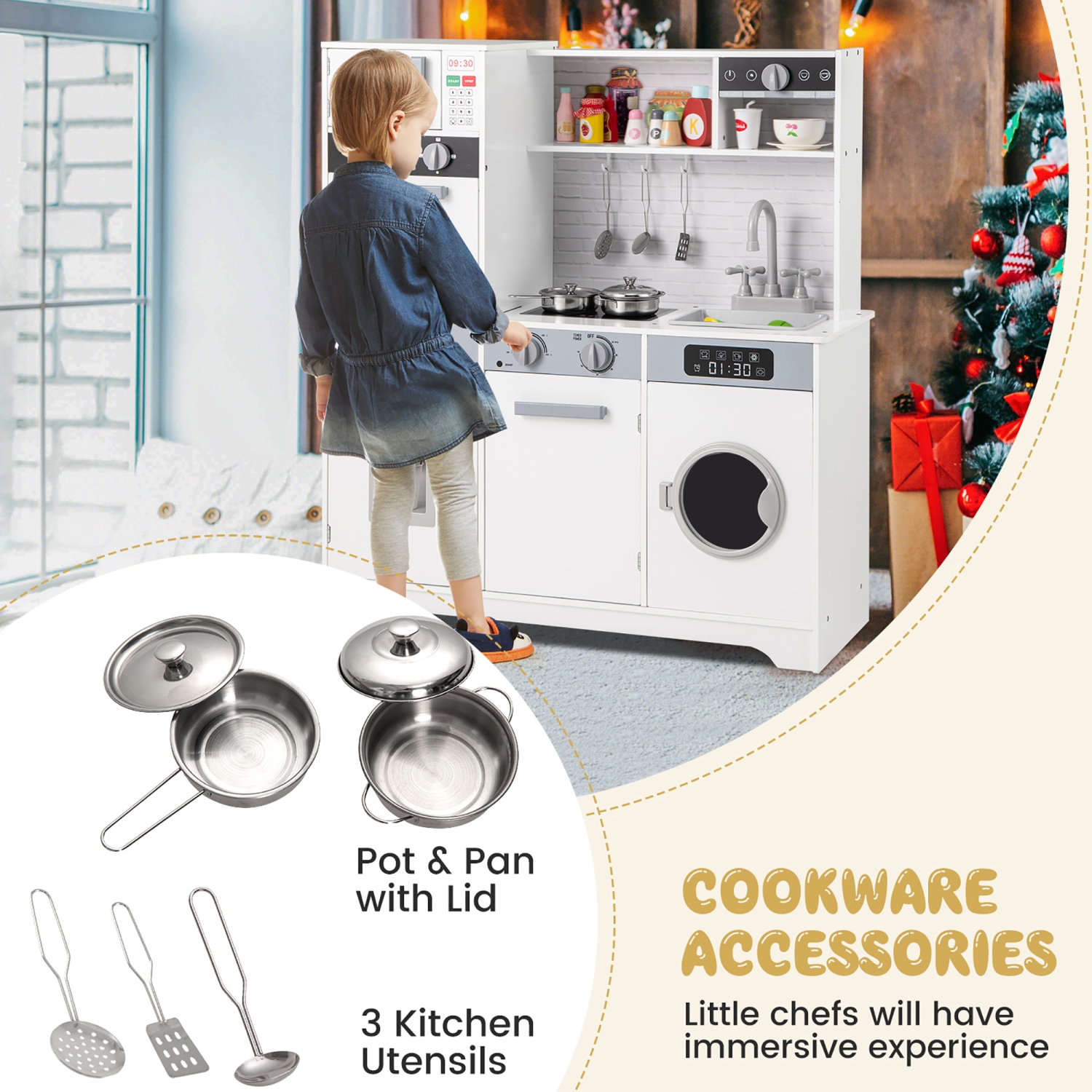 Gymax ids Play Kitchen Toy Set w/ Water Dispenser Sink Faucet Microwave Oven Utensils