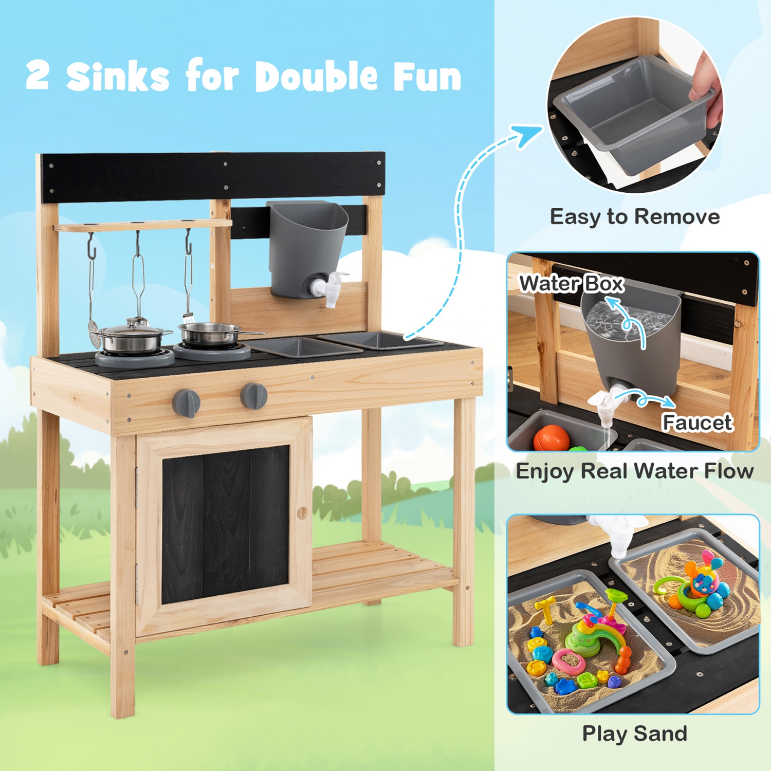 Gymax Mud Kitchen Playset Outdoor Kids Pretend Play Kitchen w/2 Removable Sinks Faucet Natural