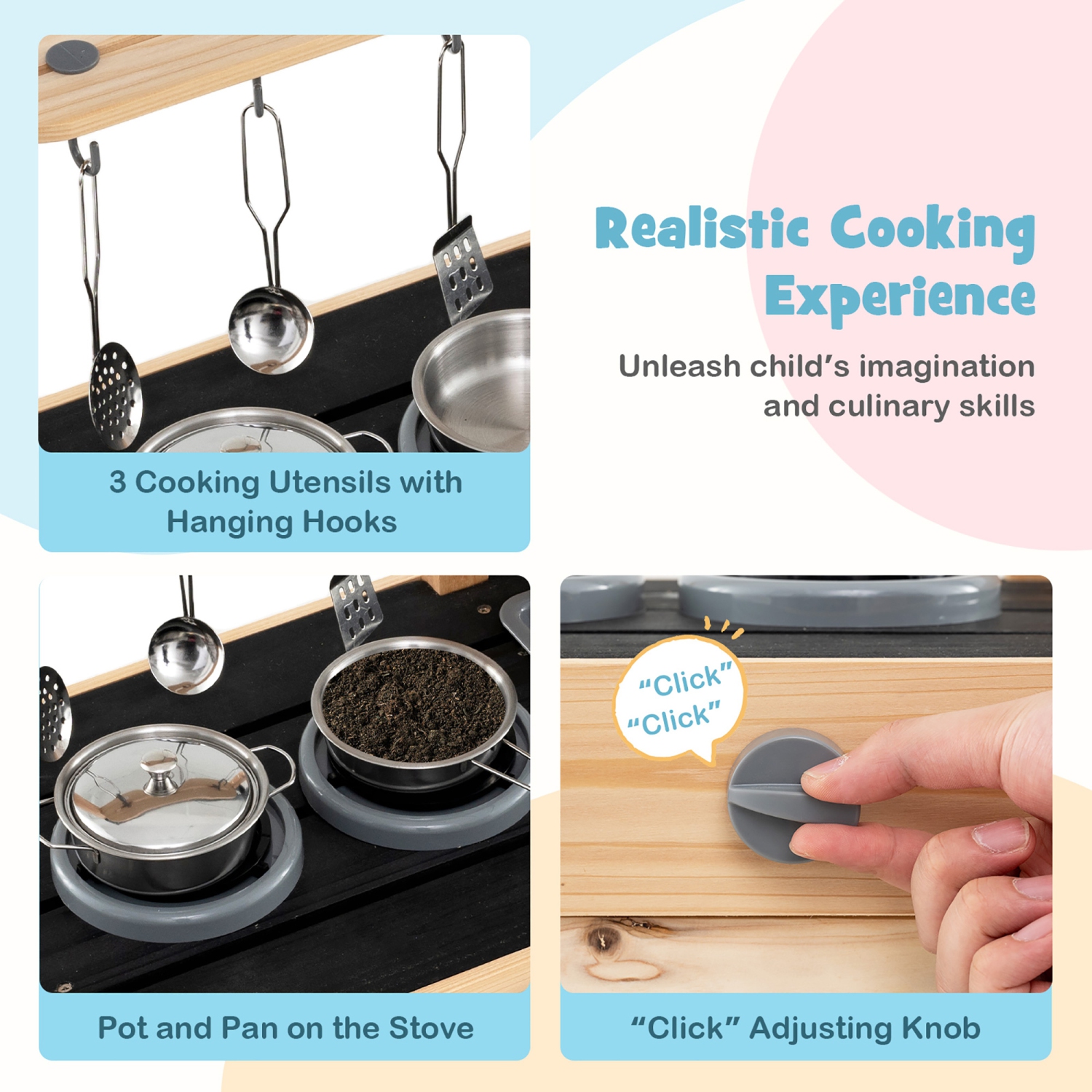 Gymax Mud Kitchen Playset Outdoor Kids Pretend Play Kitchen w/2 Removable Sinks Faucet Natural