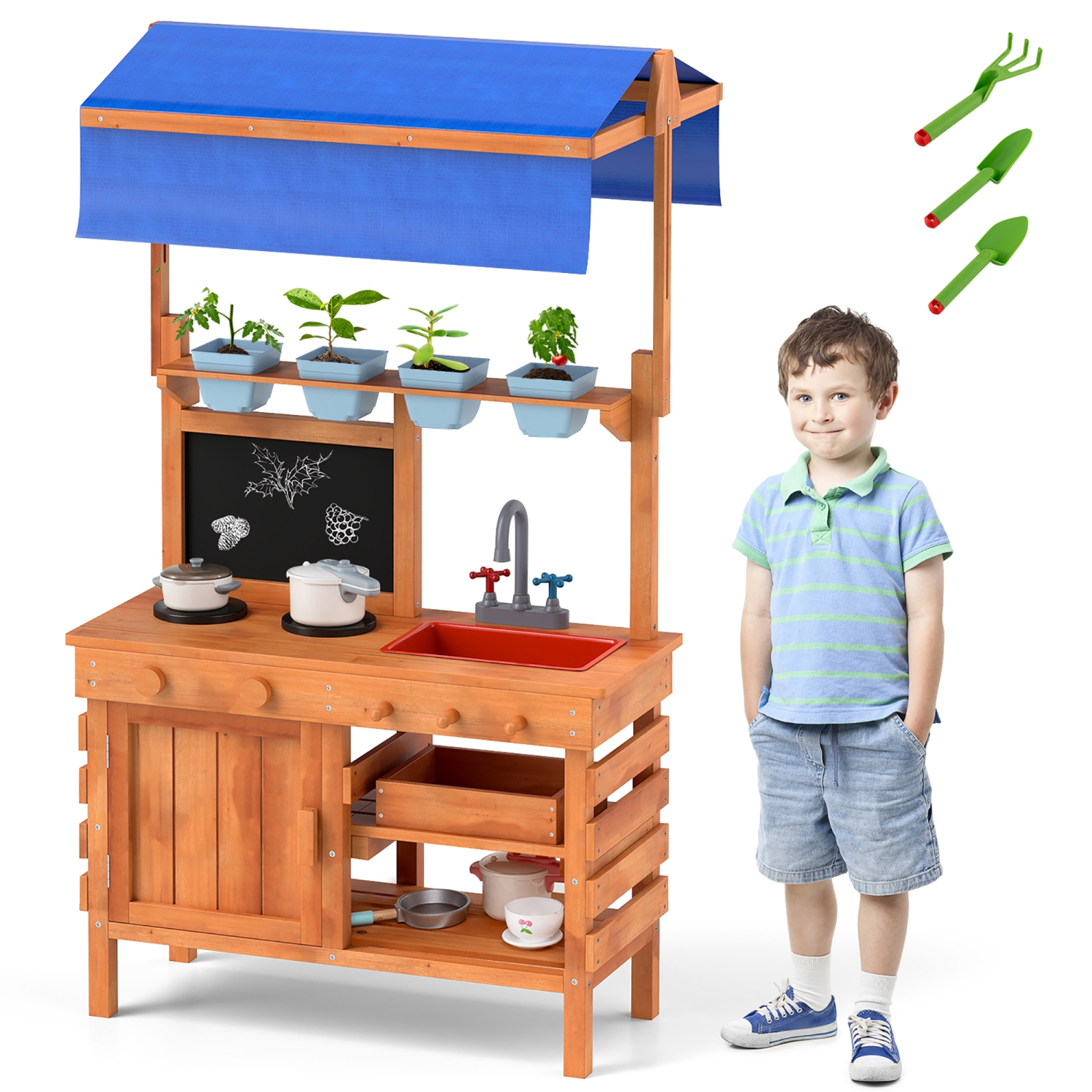 Gymax Mud Kitchen Wooden Pretend Play Kitchen w/ Height Adjustable Canopy