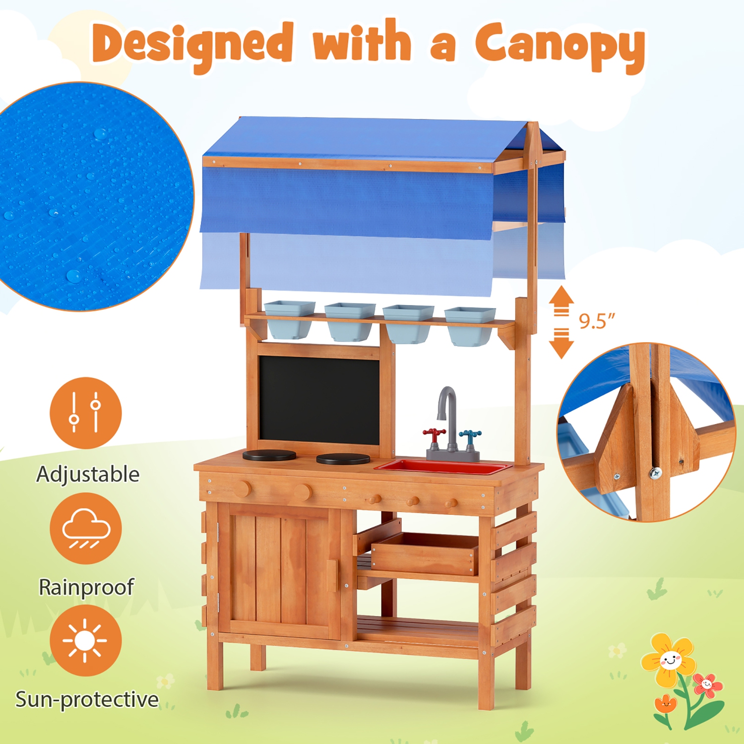 Gymax Mud Kitchen Wooden Pretend Play Kitchen w/ Height Adjustable Canopy