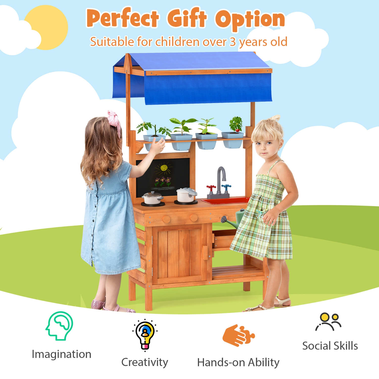 Gymax Mud Kitchen Wooden Pretend Play Kitchen w/ Height Adjustable Canopy
