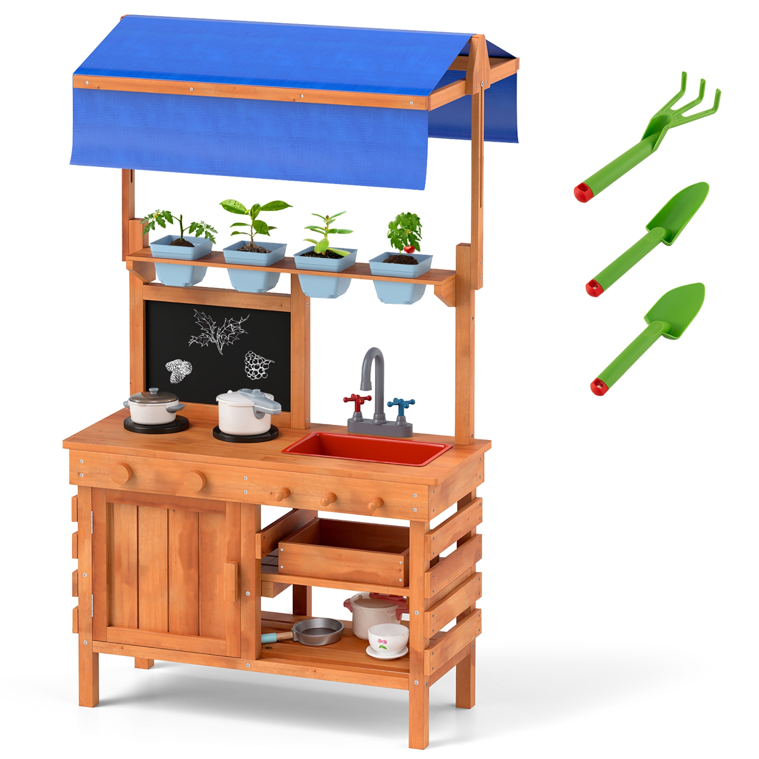 Gymax Mud Kitchen Wooden Pretend Play Kitchen w/ Height Adjustable Canopy