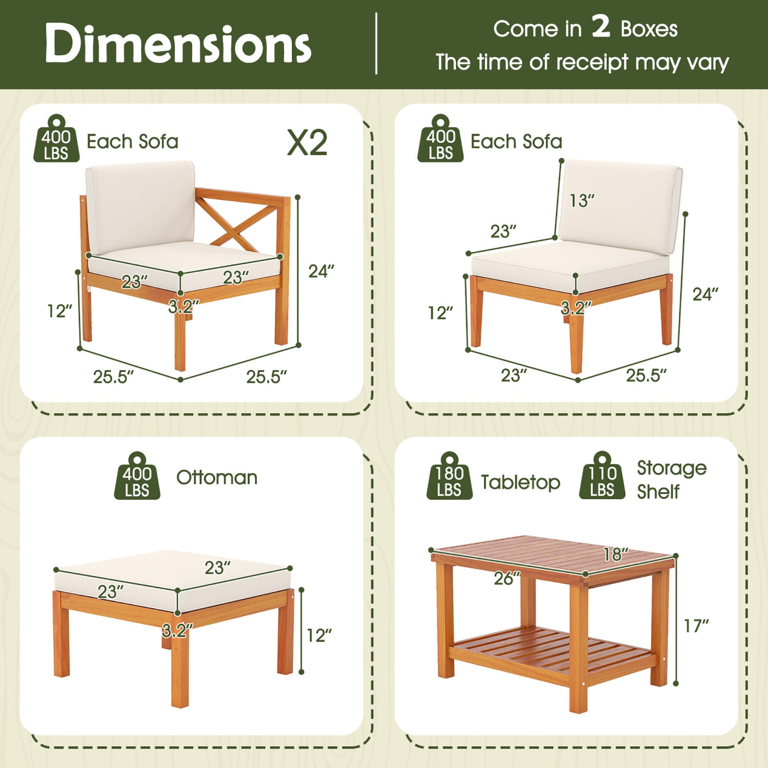 Gymax 5 PCS Acacia Wood Patio Furniture Set w/ 2-Tier Coffee Table and Cushions