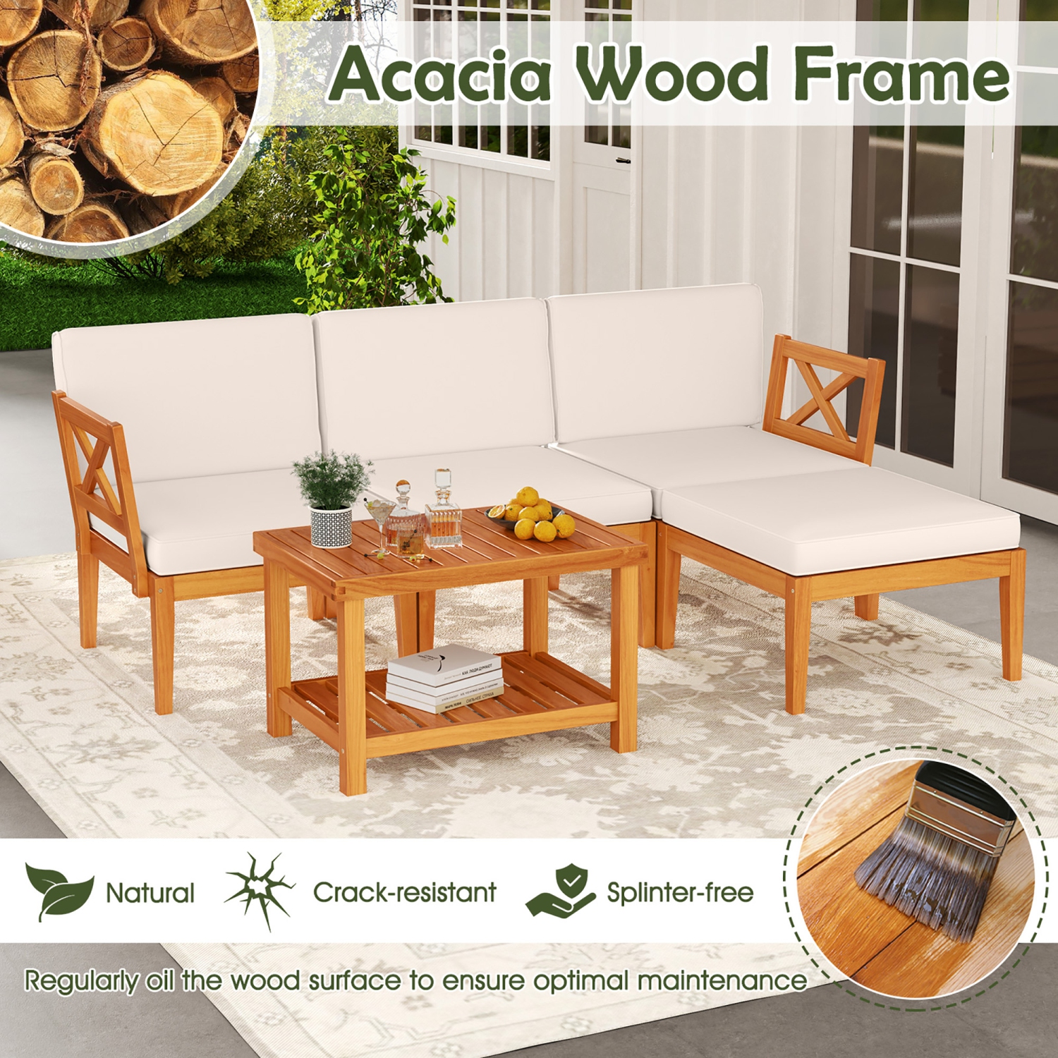 Gymax 5 PCS Acacia Wood Patio Furniture Set w/ 2-Tier Coffee Table and Cushions