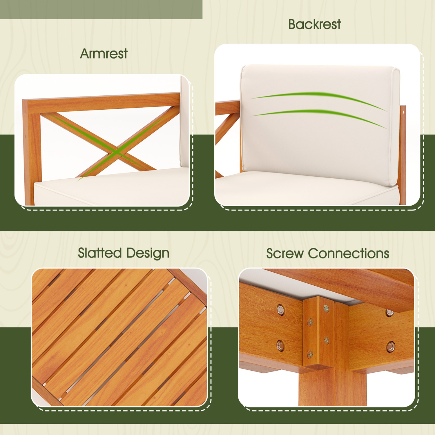 Gymax 5 PCS Acacia Wood Patio Furniture Set w/ 2-Tier Coffee Table and Cushions