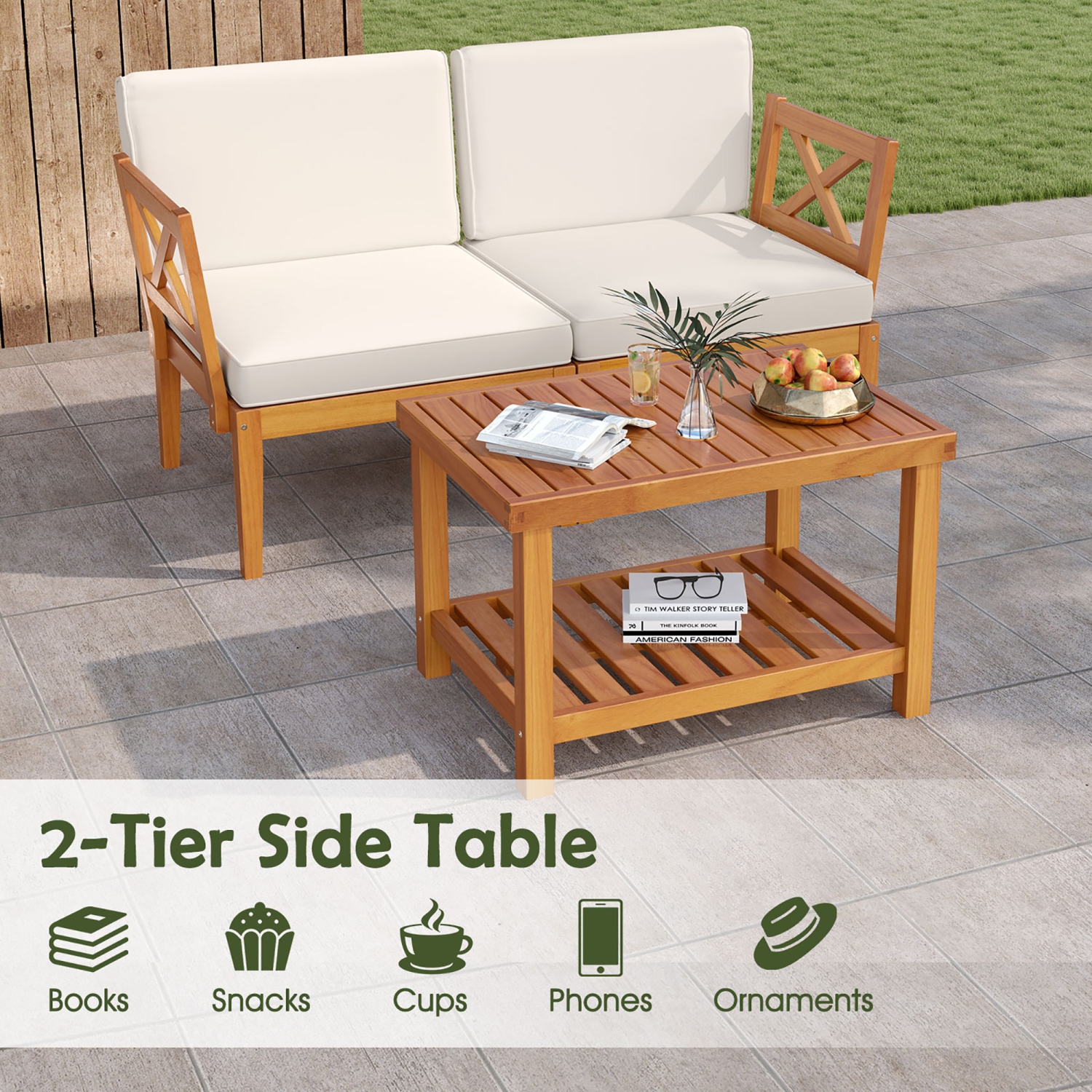 Gymax 5 PCS Acacia Wood Patio Furniture Set w/ 2-Tier Coffee Table and Cushions