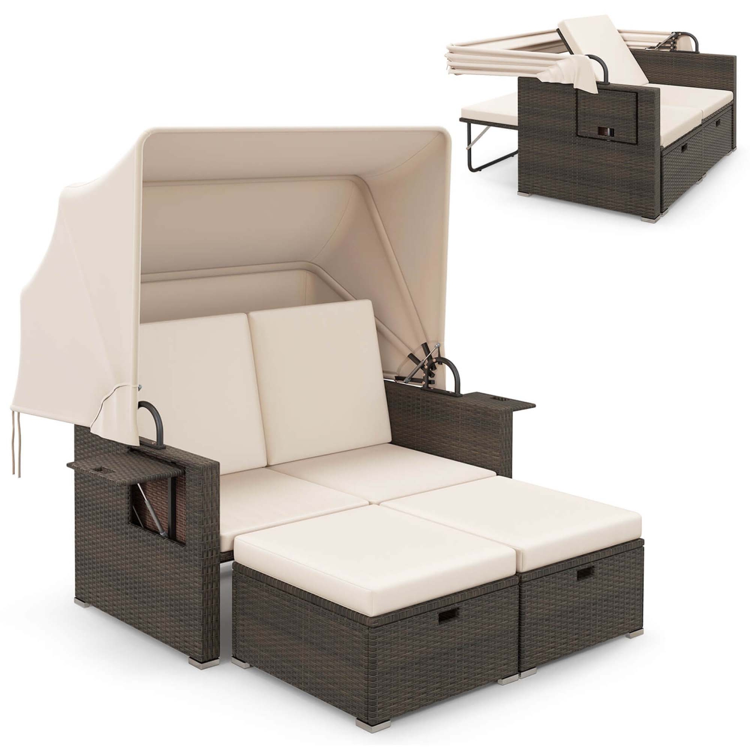Gymax Rattan Daybed w/ Adjustable Backrests & Retractable Canopy for Patio