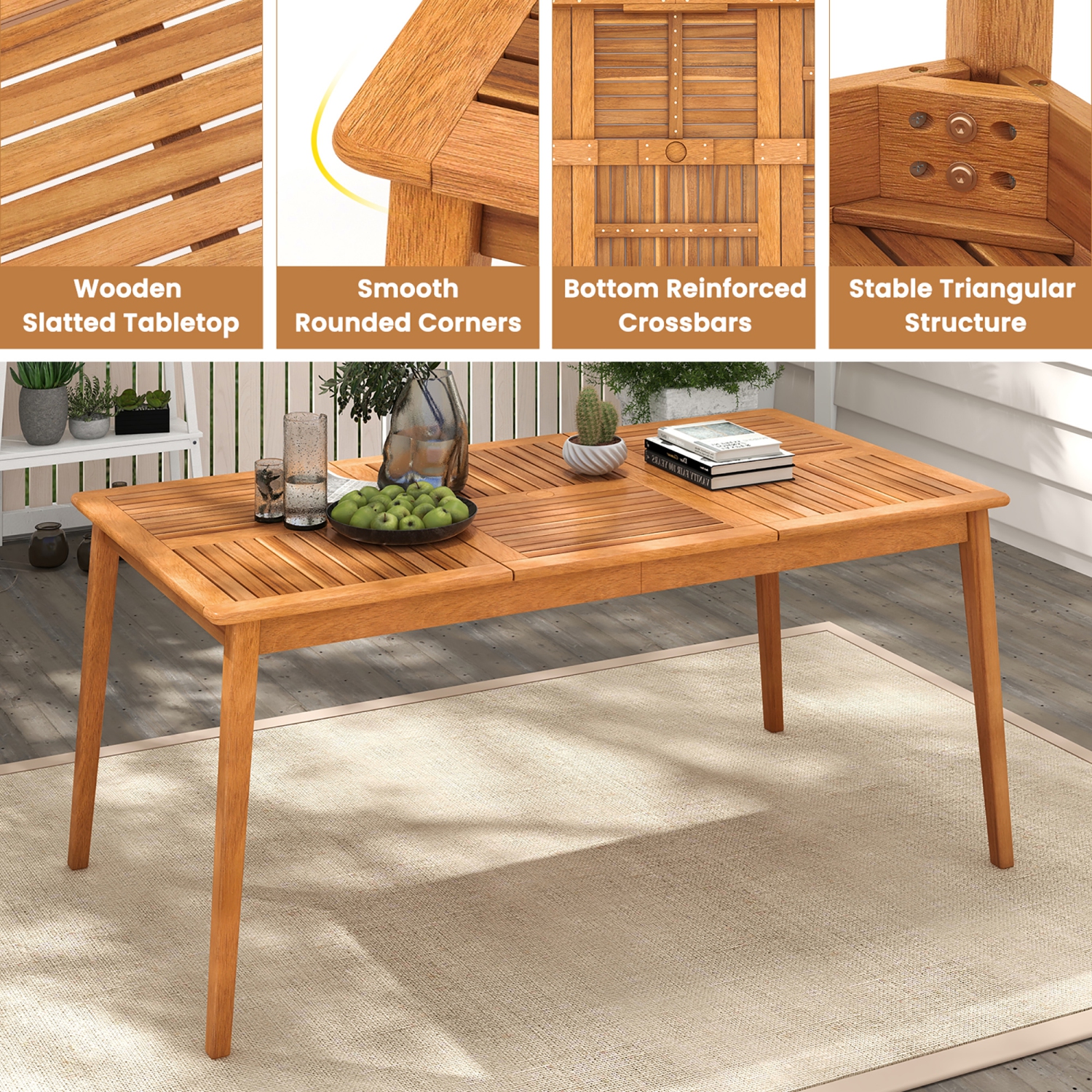 Gymax 6-Person Outdoor Acacia Wood Dining Table w/ 1.96'' Umbrella Hole Rectangular