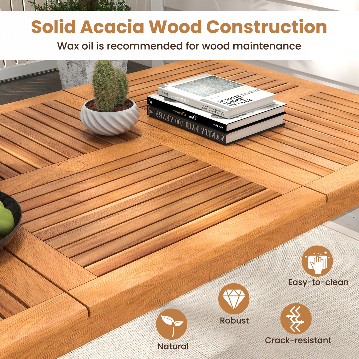 Gymax 6-Person Outdoor Acacia Wood Dining Table w/ 1.96'' Umbrella Hole Rectangular