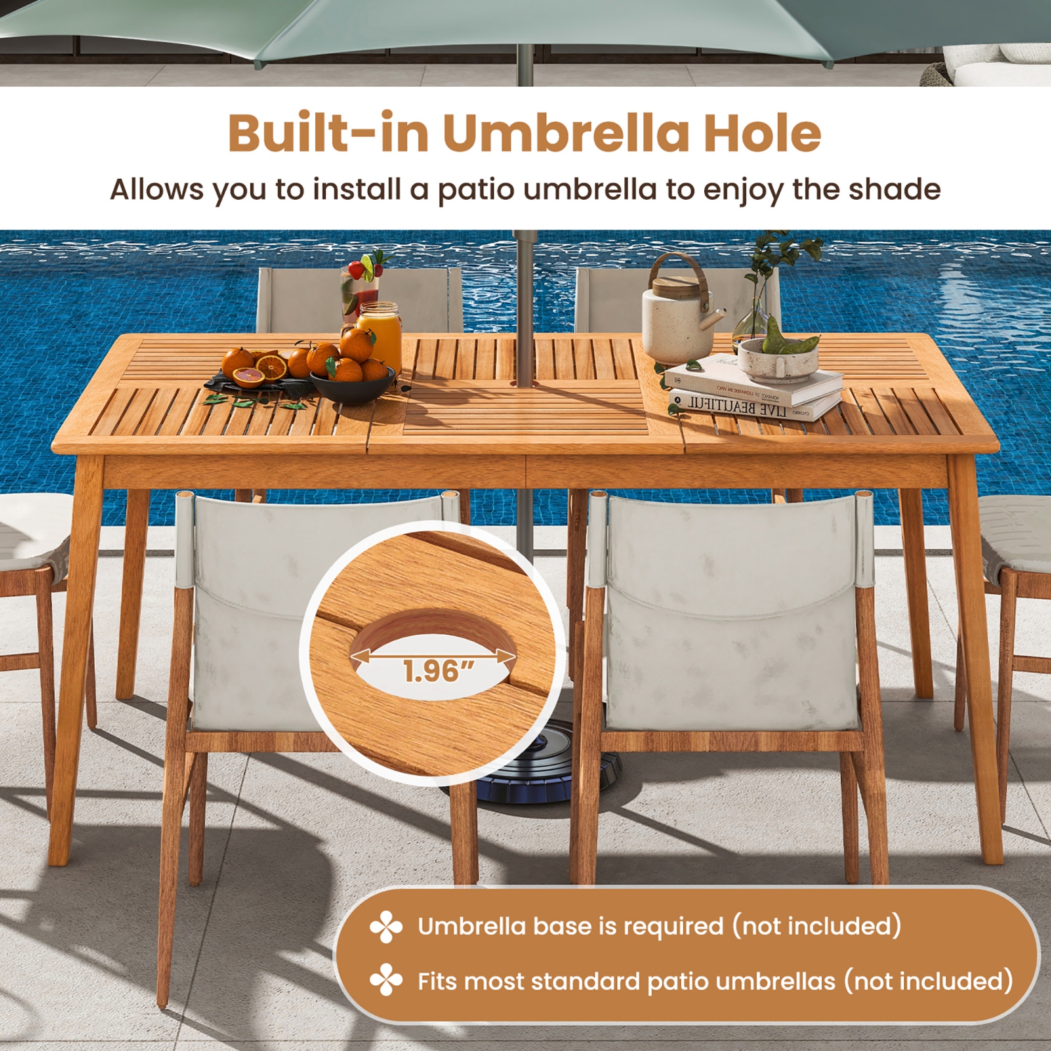 Gymax 6-Person Outdoor Acacia Wood Dining Table w/ 1.96'' Umbrella Hole Rectangular