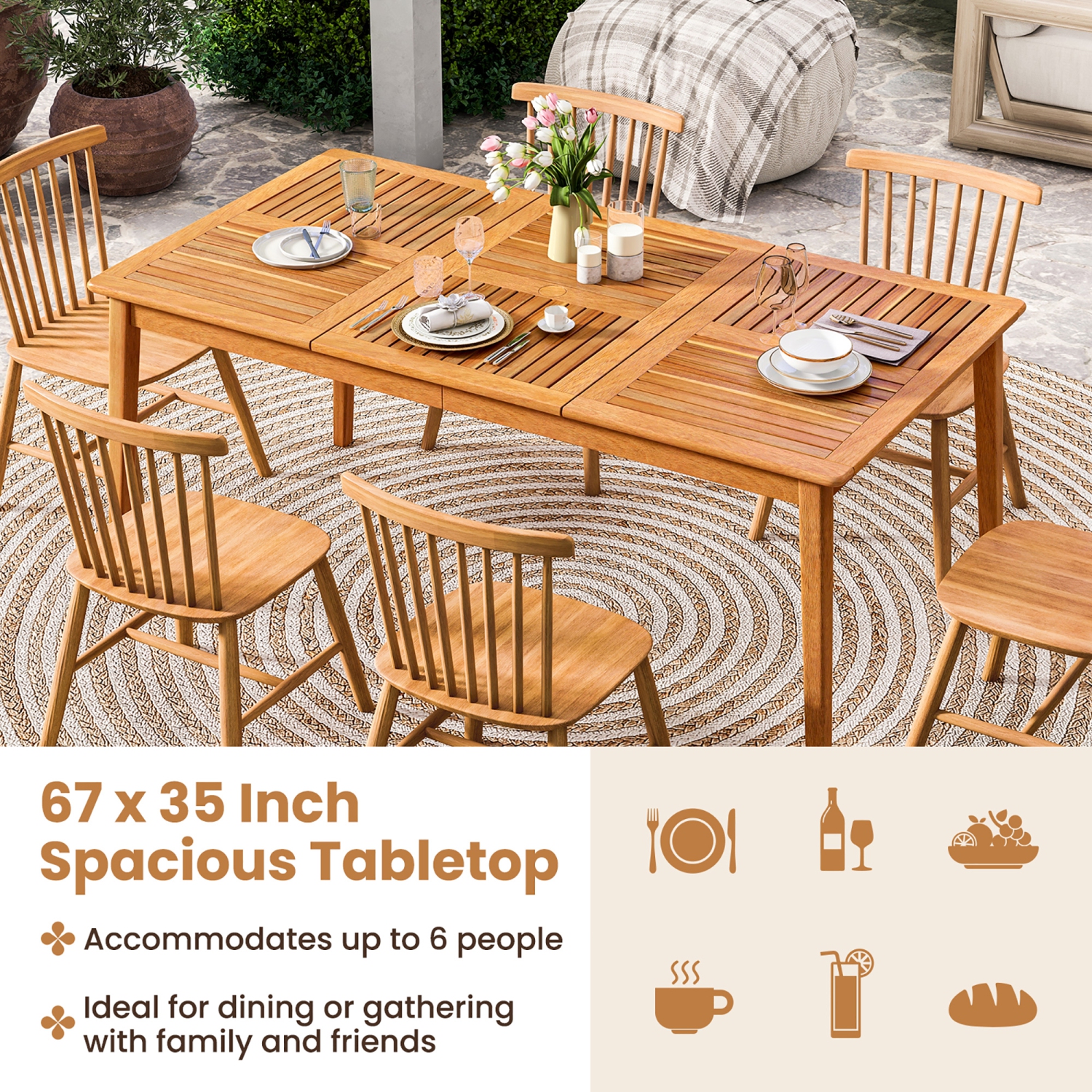 Gymax 6-Person Outdoor Acacia Wood Dining Table w/ 1.96'' Umbrella Hole Rectangular