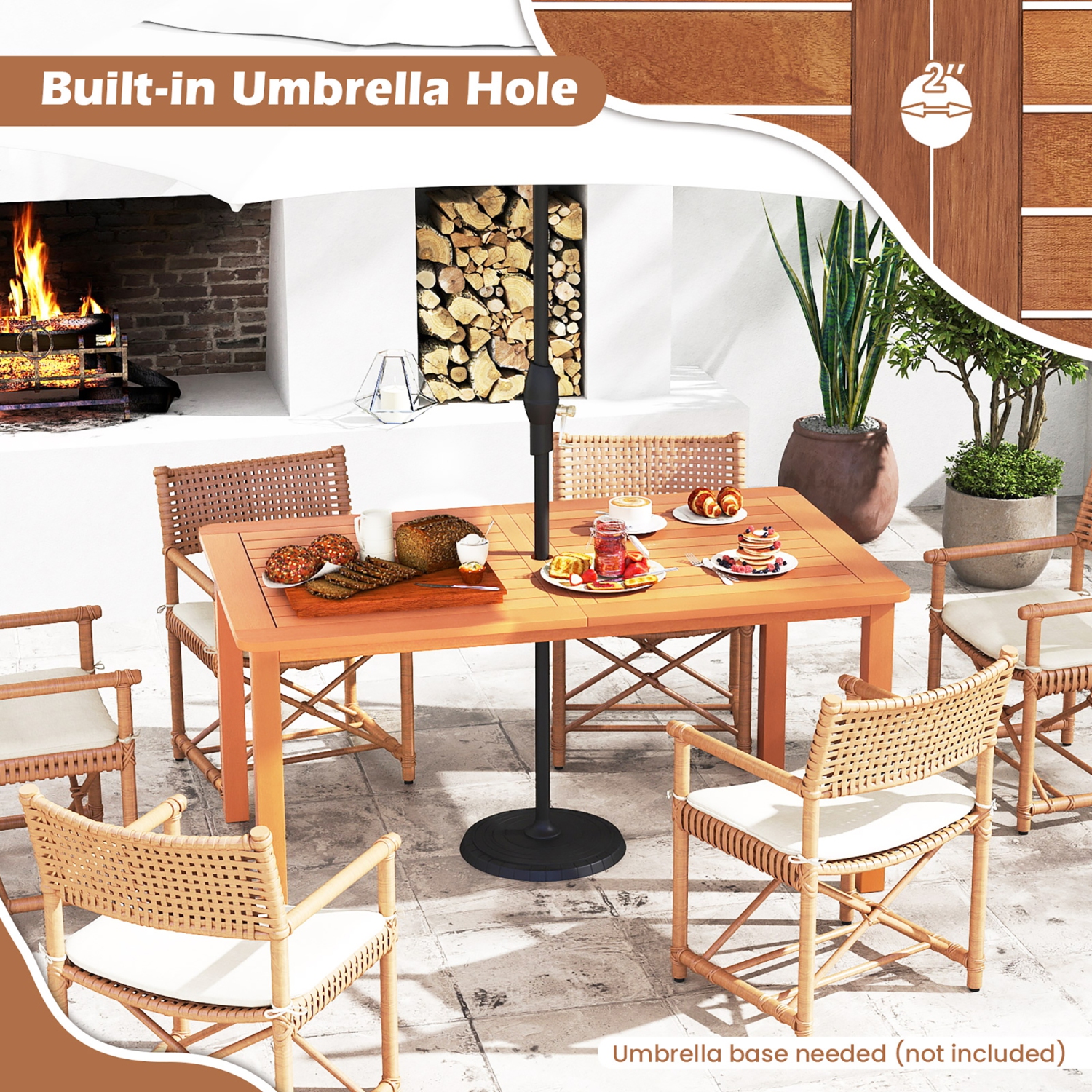 Gymax Patio Solid Wood Dining Table w/ Umbrella Hole Teak Oil Finish Rectangular