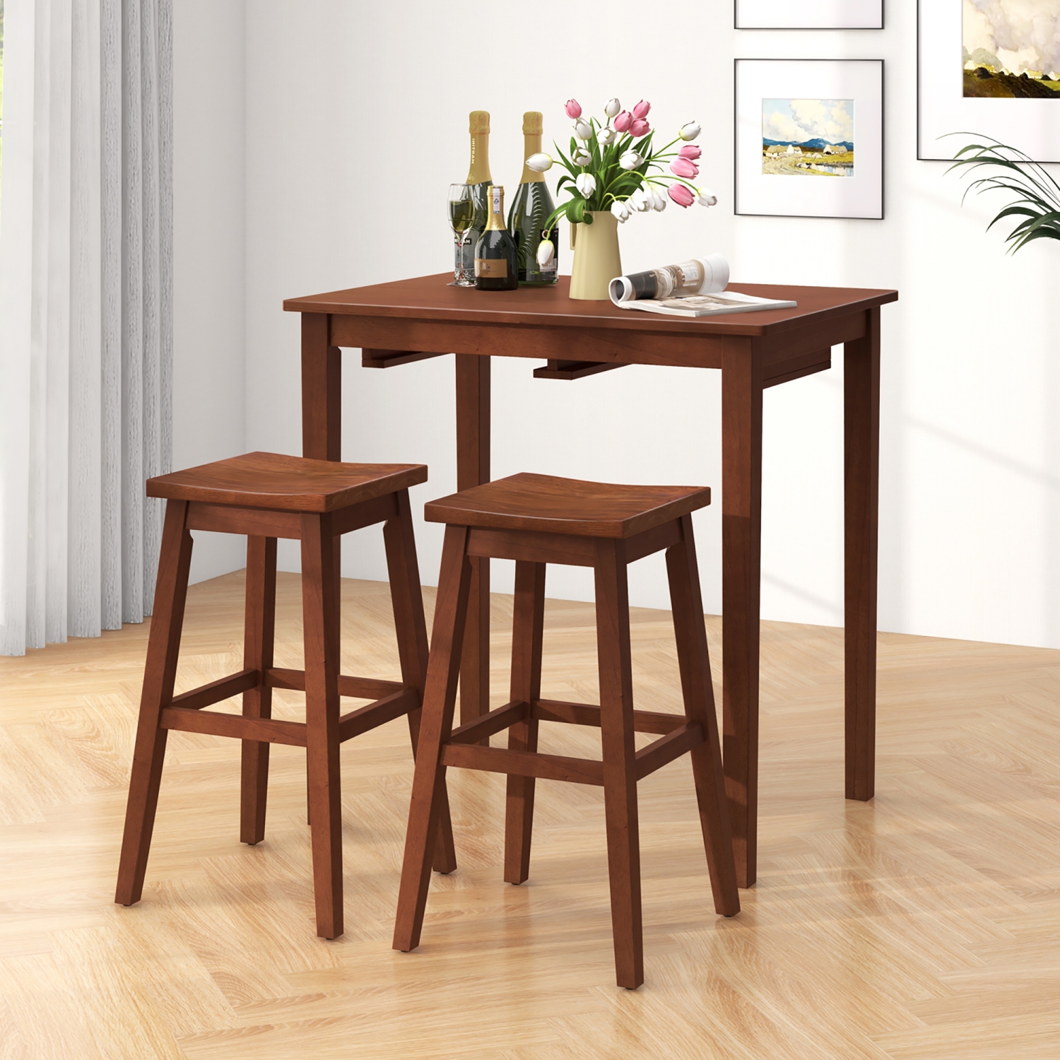 Gymax 3 PCS Bar Table Set w/ 1 Table 2 Bar Stools Wood Veneered Tabletop Dining Room