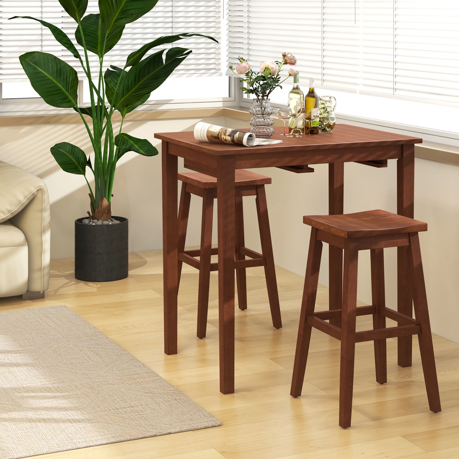 Gymax 3 PCS Bar Table Set w/ 1 Table 2 Bar Stools Wood Veneered Tabletop Dining Room
