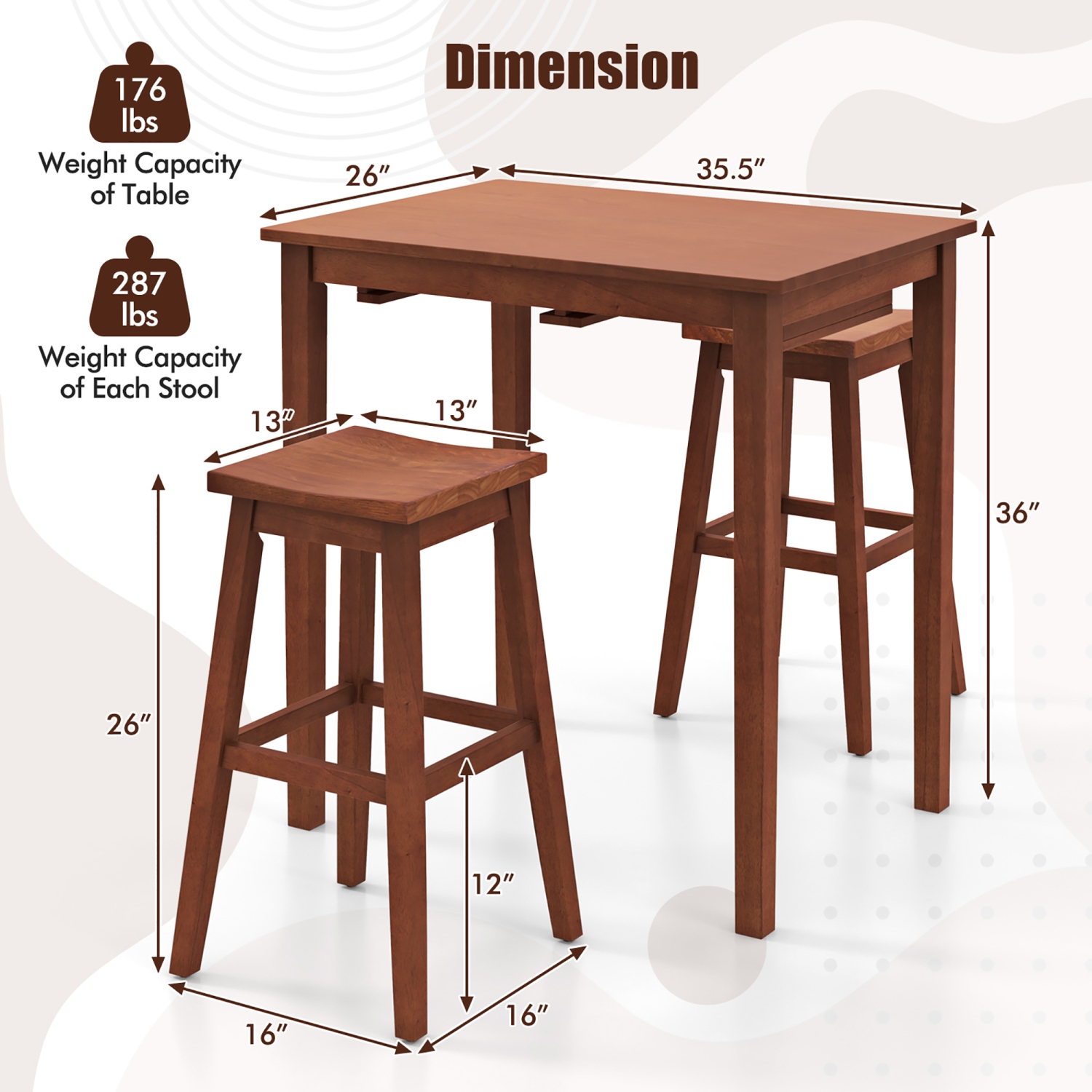Gymax 3 PCS Bar Table Set w/ 1 Table 2 Bar Stools Wood Veneered Tabletop Dining Room
