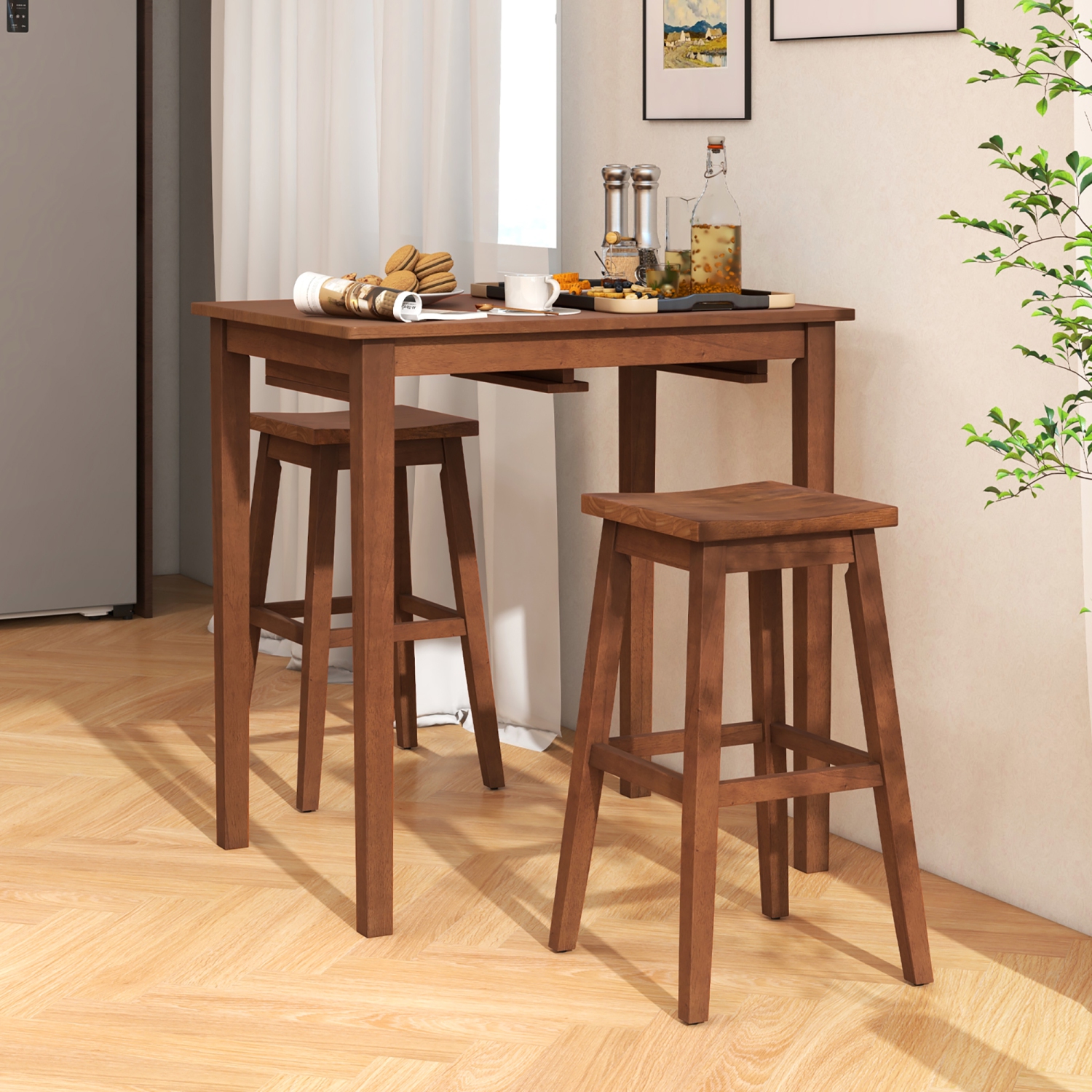 Gymax 3 PCS Bar Table Set w/ 1 Table 2 Bar Stools Wood Veneered Tabletop Dining Room