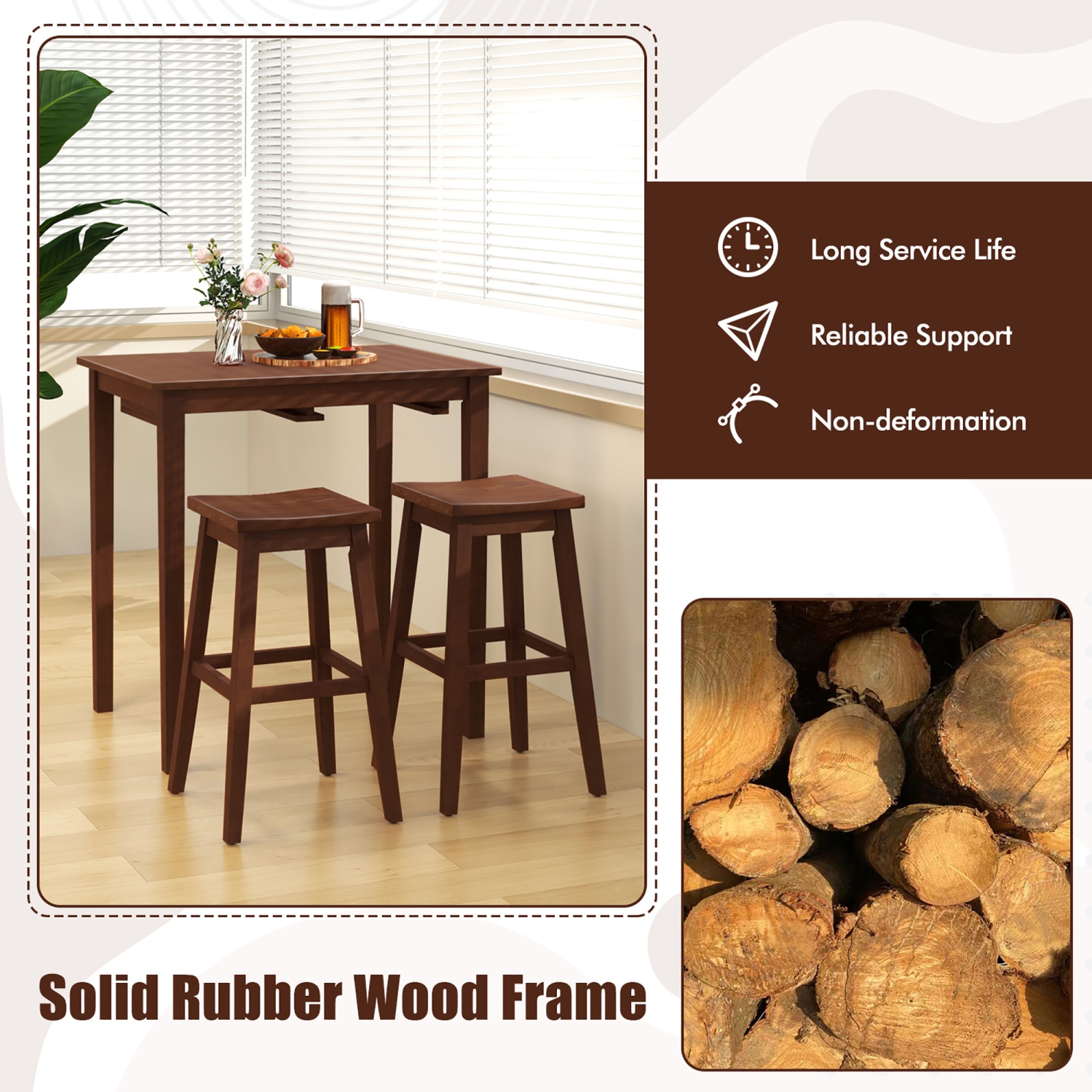 Gymax 3 PCS Bar Table Set w/ 1 Table 2 Bar Stools Wood Veneered Tabletop Dining Room