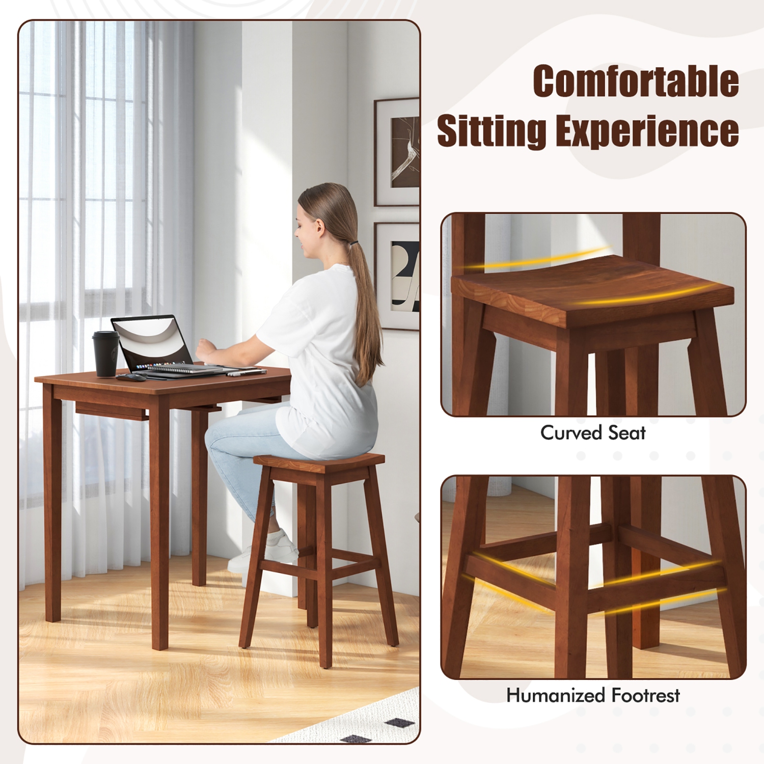 Gymax 3 PCS Bar Table Set w/ 1 Table 2 Bar Stools Wood Veneered Tabletop Dining Room