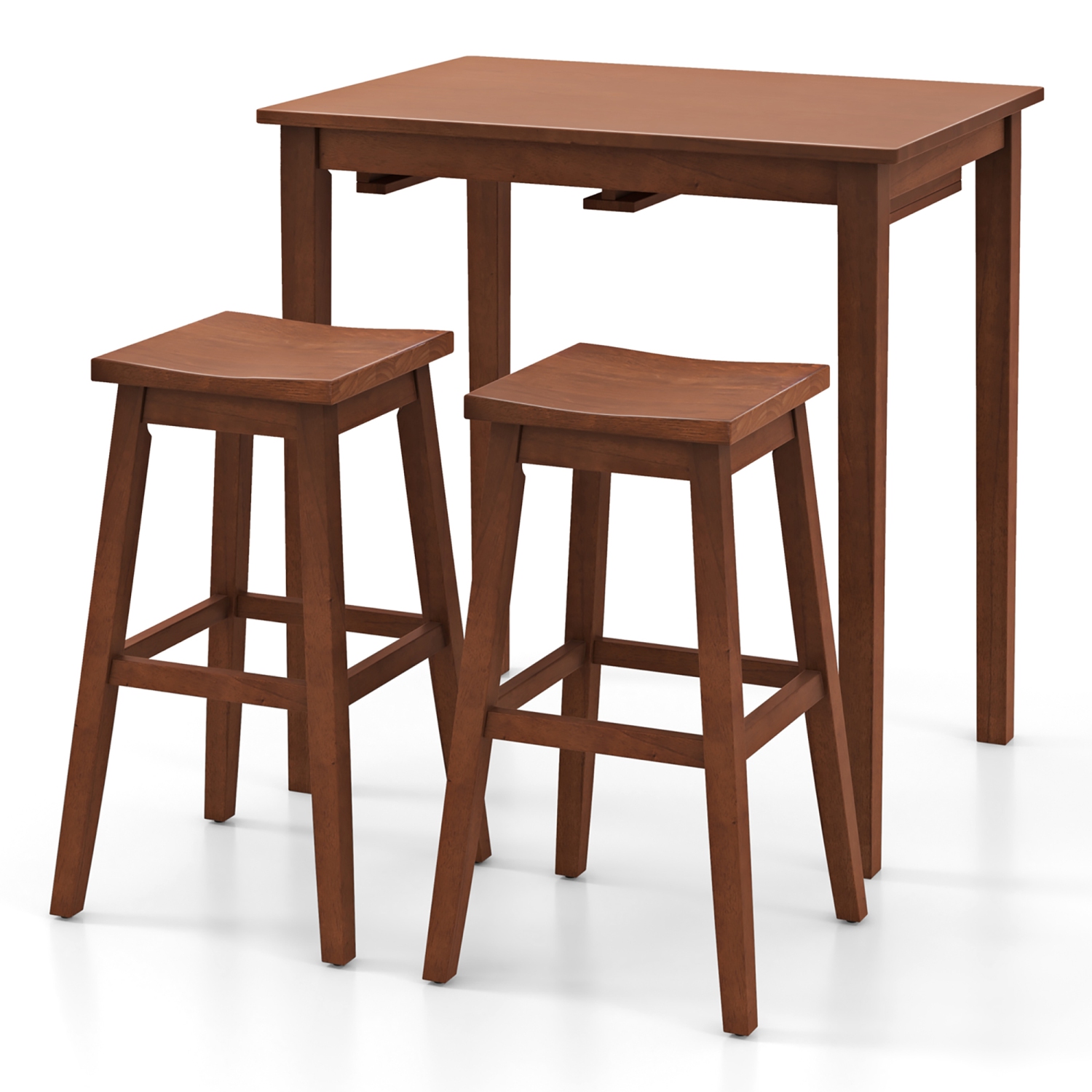 Gymax 3 PCS Bar Table Set w/ 1 Table 2 Bar Stools Wood Veneered Tabletop Dining Room