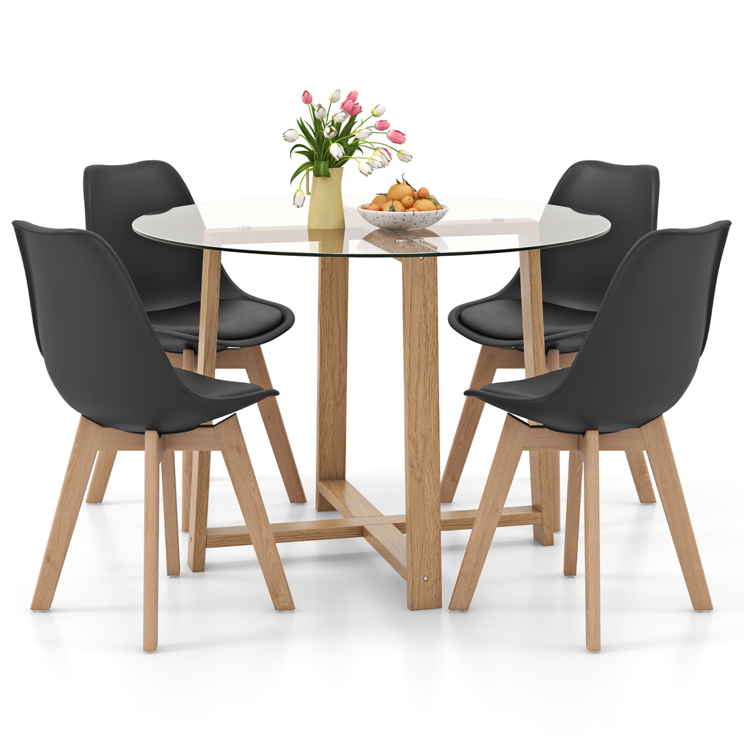 Gymax 5 PCS Dining Table Set for 4 w/ Solid Wood Legs Tempered Glass Tabletop Modern Black