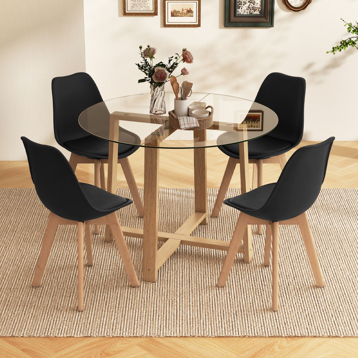 Gymax 5 PCS Dining Table Set for 4 w/ Solid Wood Legs Tempered Glass Tabletop Modern Black