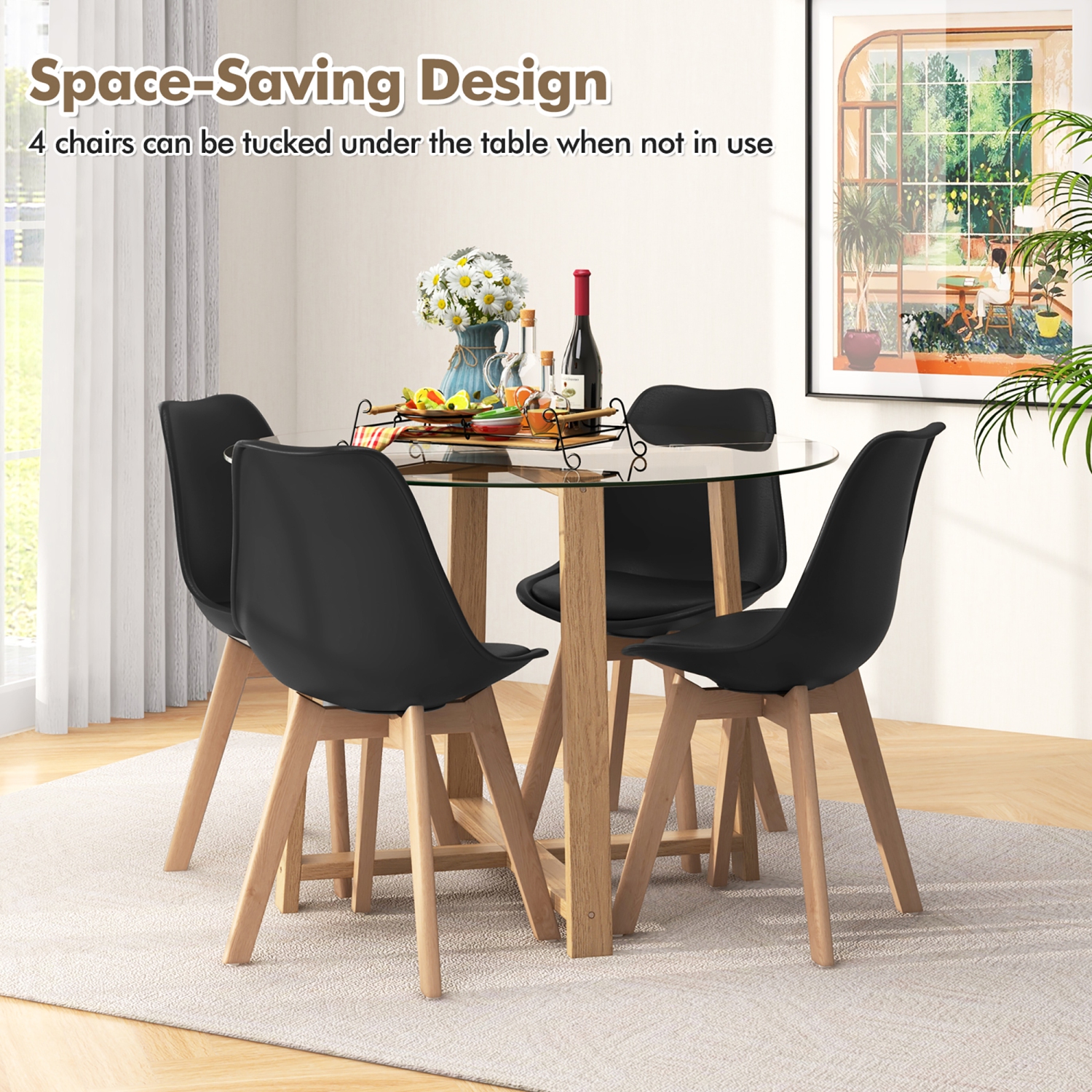 Gymax 5 PCS Dining Table Set for 4 w/ Solid Wood Legs Tempered Glass Tabletop Modern Black
