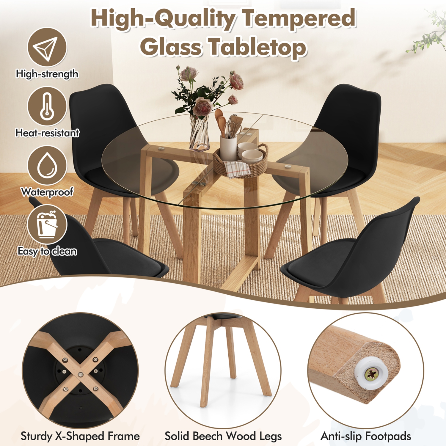 Gymax 5 PCS Dining Table Set for 4 w/ Solid Wood Legs Tempered Glass Tabletop Modern Black