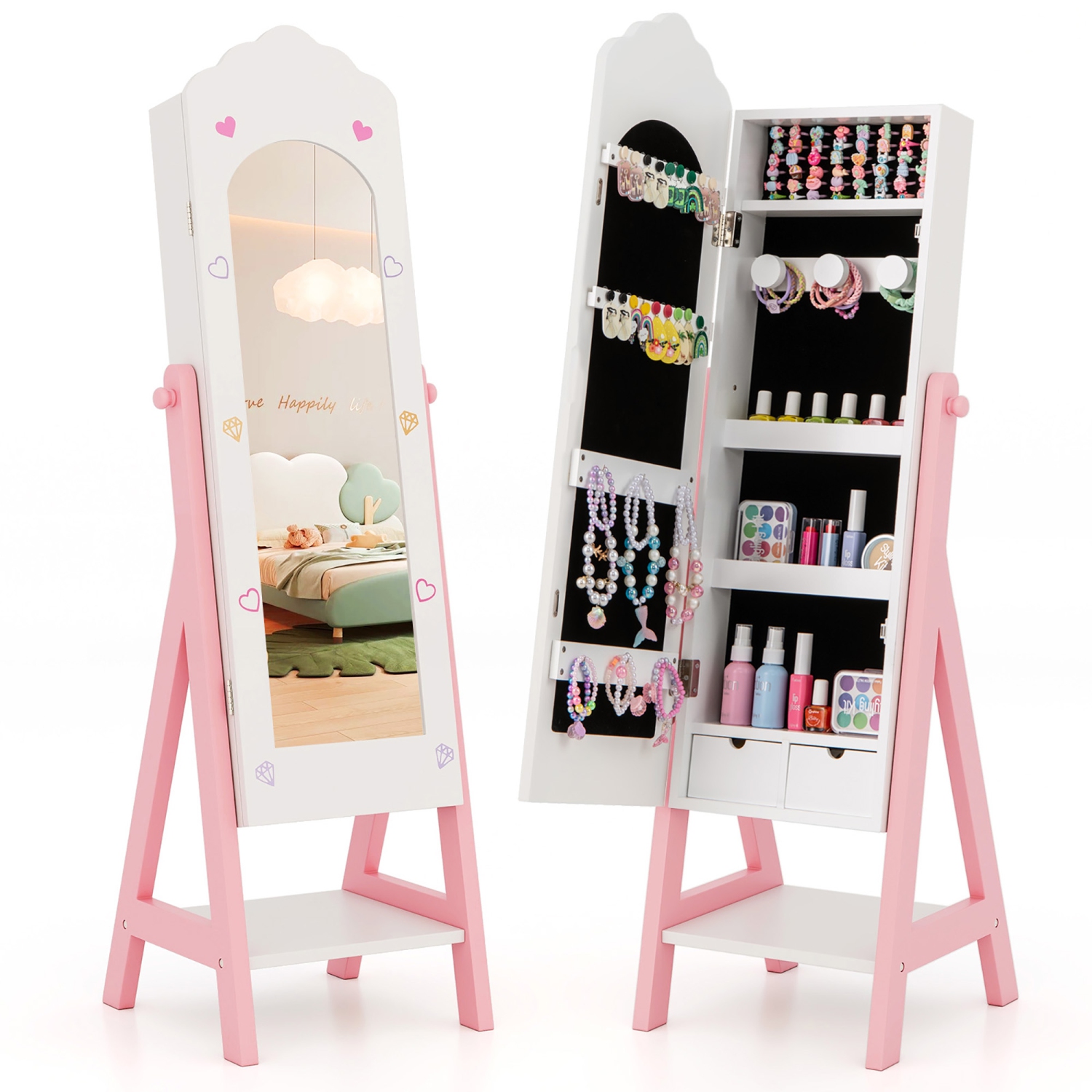 Gymax Kids Vanity Set Princess Makeup Dressing Table & Chair Set w/ Jewelry Armoire White