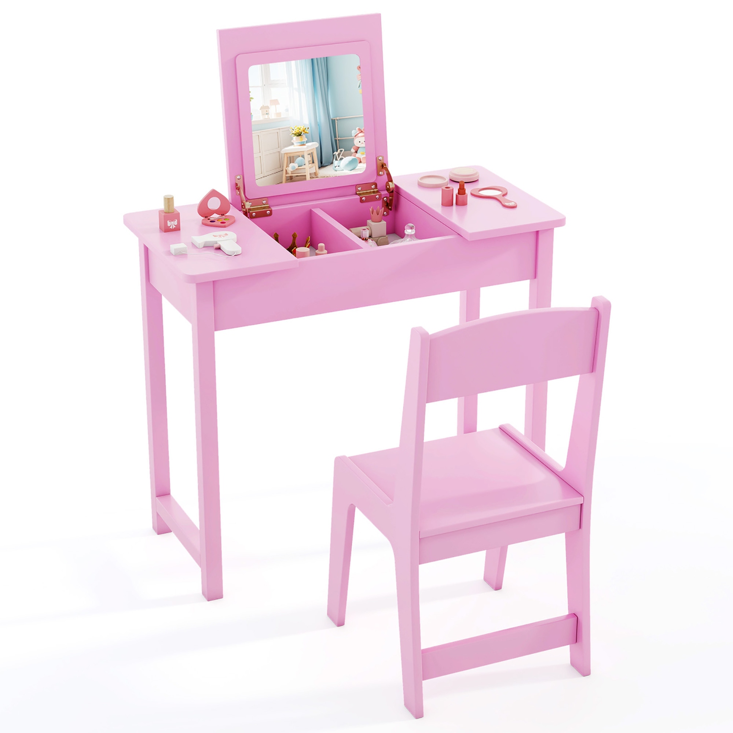 Gymax Kids Vanity Table & Chair Set 2-in-1 Princess Makeup Dressing Desk Set