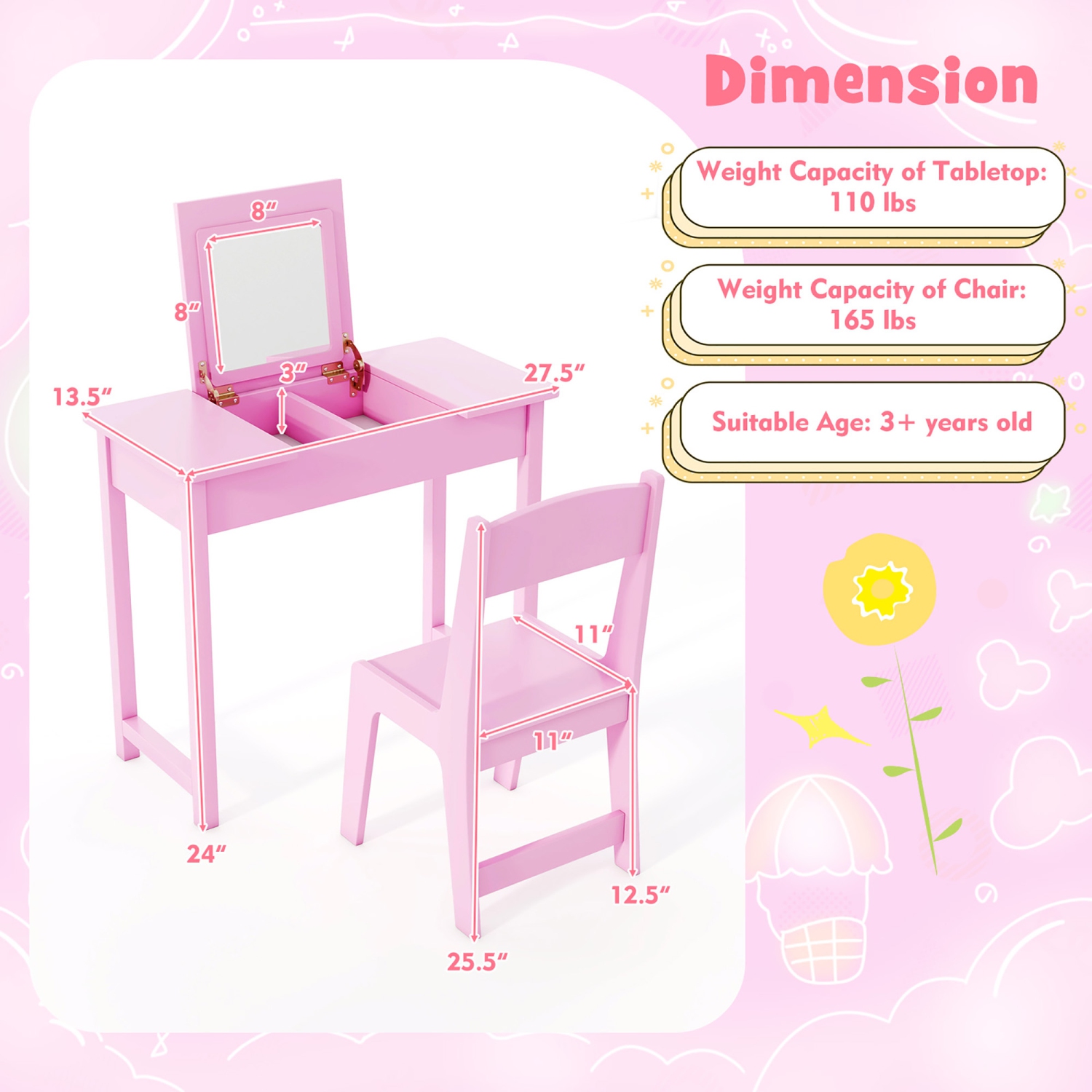 Gymax Kids Vanity Table & Chair Set 2-in-1 Princess Makeup Dressing Desk Set