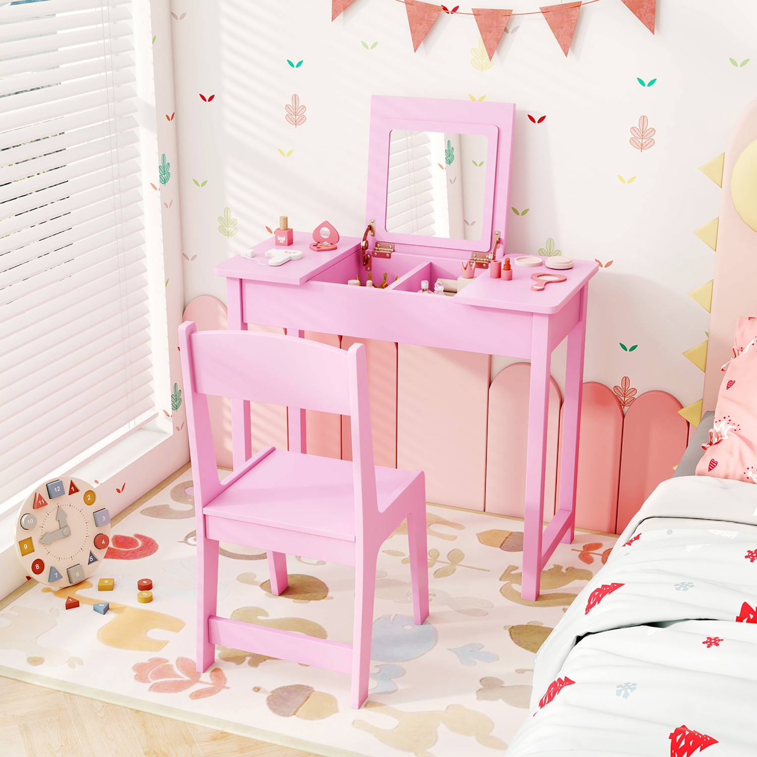 Gymax Kids Vanity Table & Chair Set 2-in-1 Princess Makeup Dressing Desk Set