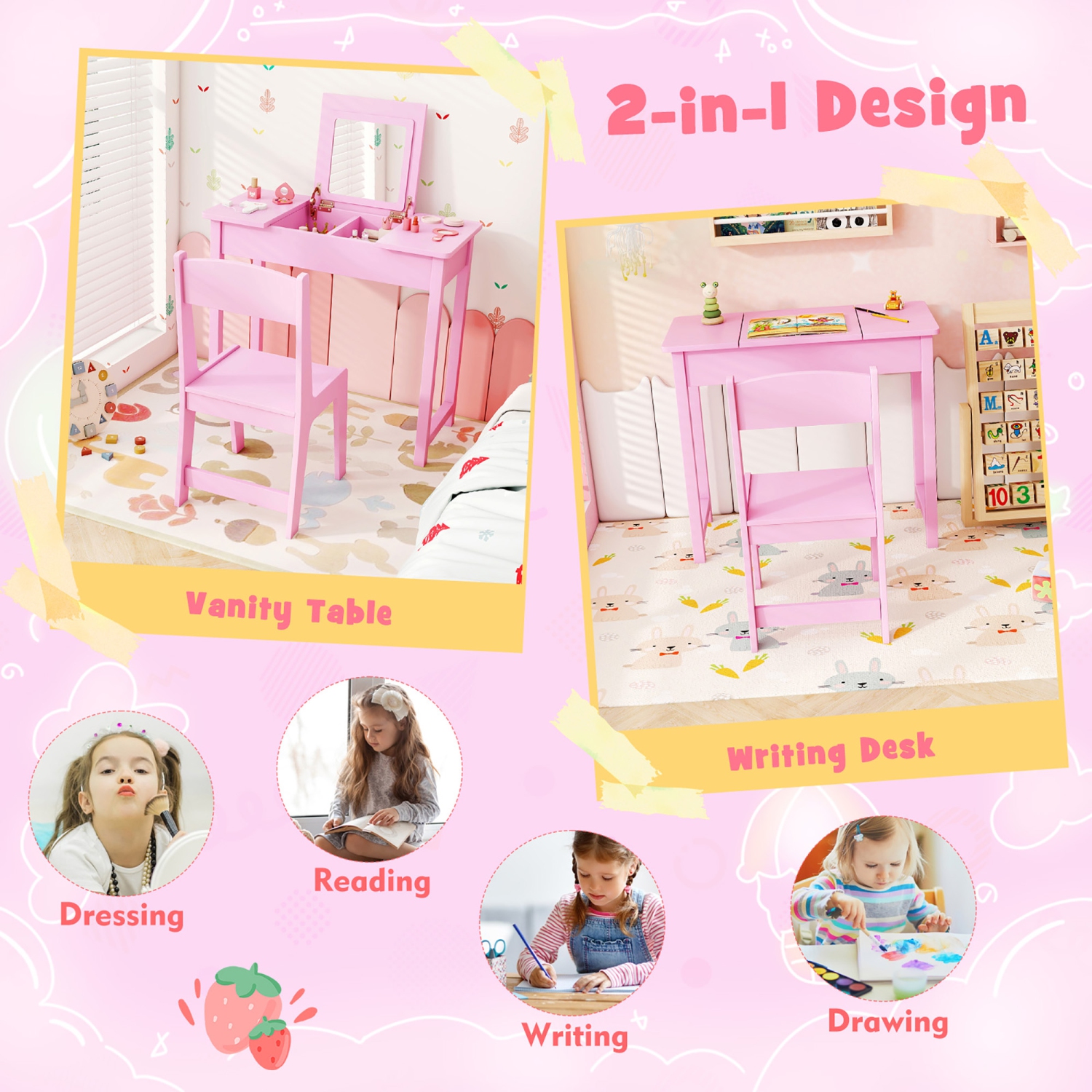 Gymax Kids Vanity Table & Chair Set 2-in-1 Princess Makeup Dressing Desk Set