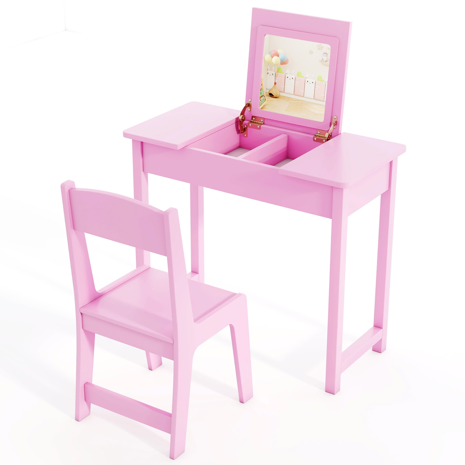Gymax Kids Vanity Table & Chair Set 2-in-1 Princess Makeup Dressing Desk Set