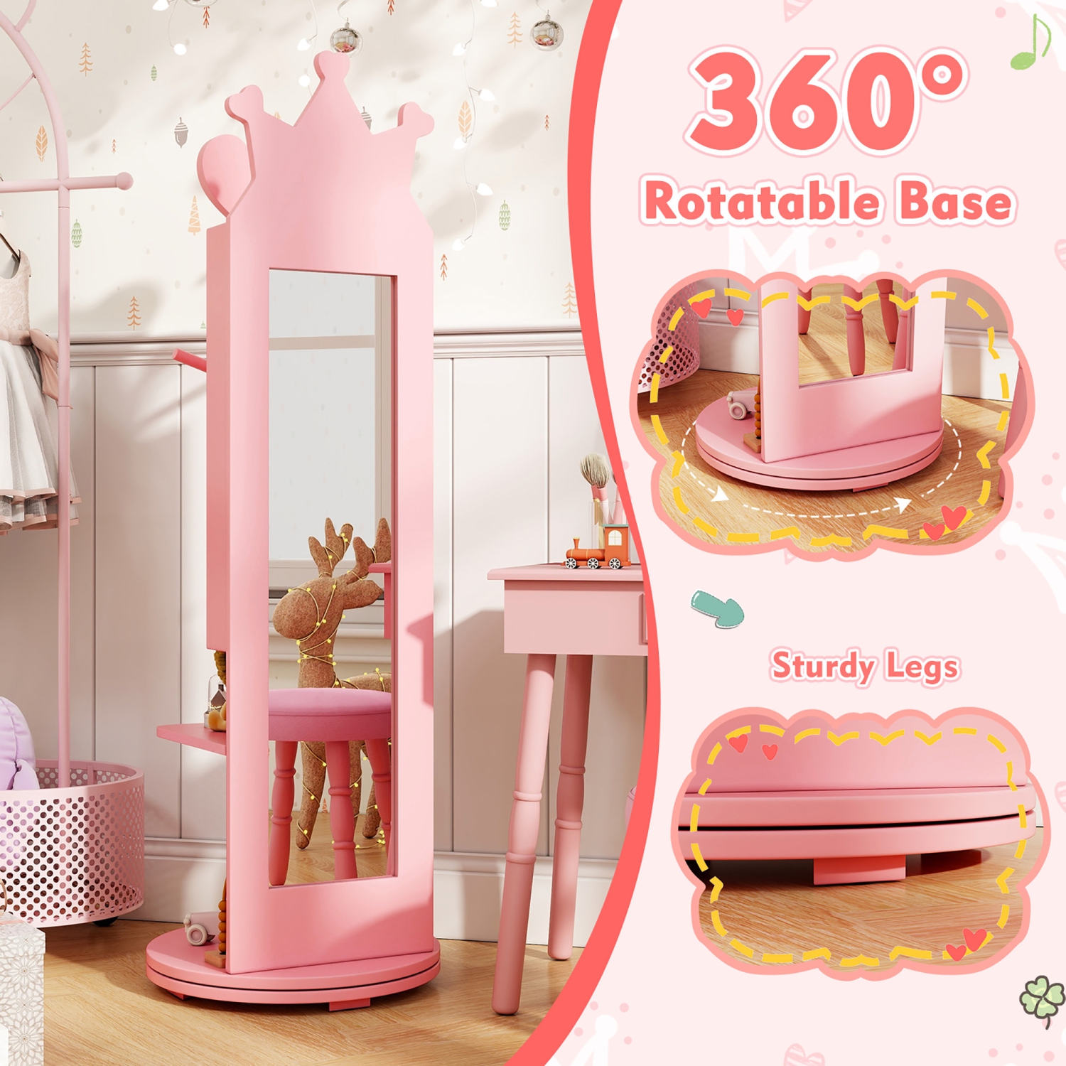 Gymax Kids Vanity Set Princess Makeup Dressing Table & Chair Set w/ Coat Rack Pink