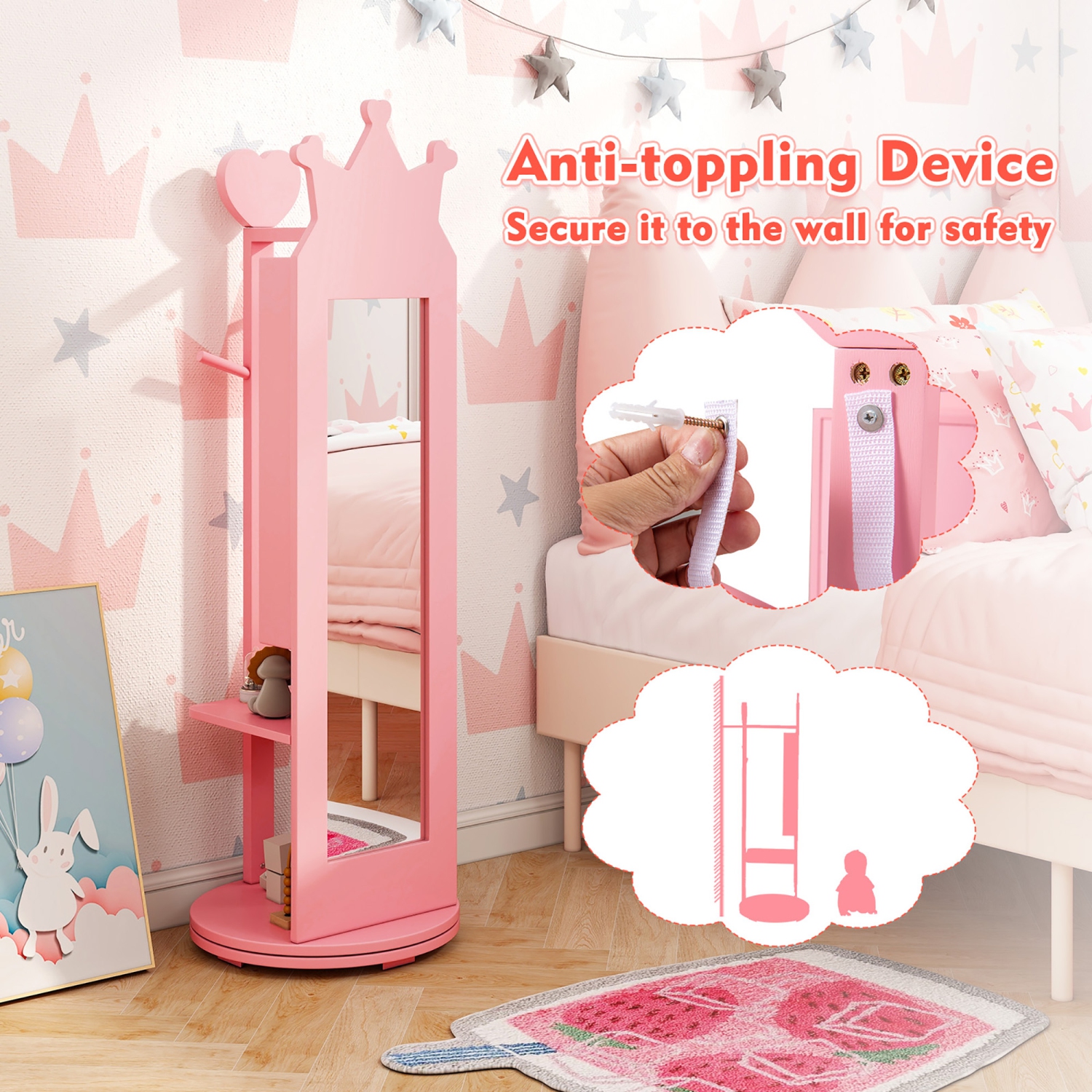 Gymax Kids Vanity Set Princess Makeup Dressing Table & Chair Set w/ Coat Rack Pink