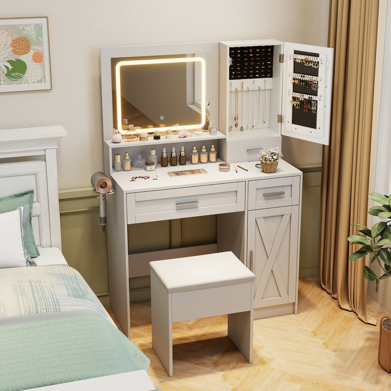 Gymax Farmhouse Vanity Set w/Mirror & Lights 3 Lighting Modes & Adjustable Brightness