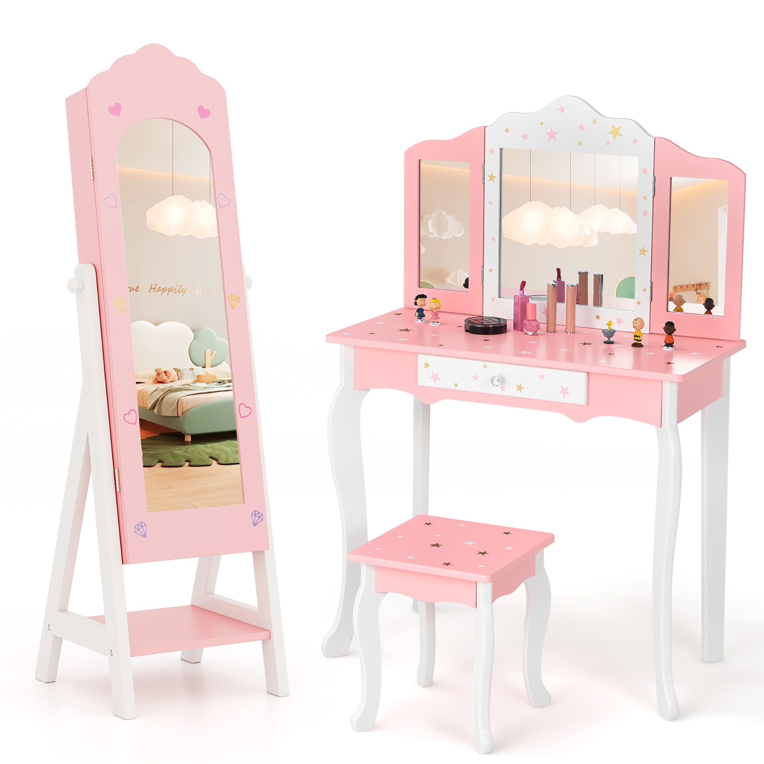 Gymax Kids Vanity Set Princess Makeup Dressing Table & Chair Set w/ Jewelry Armoire Pink